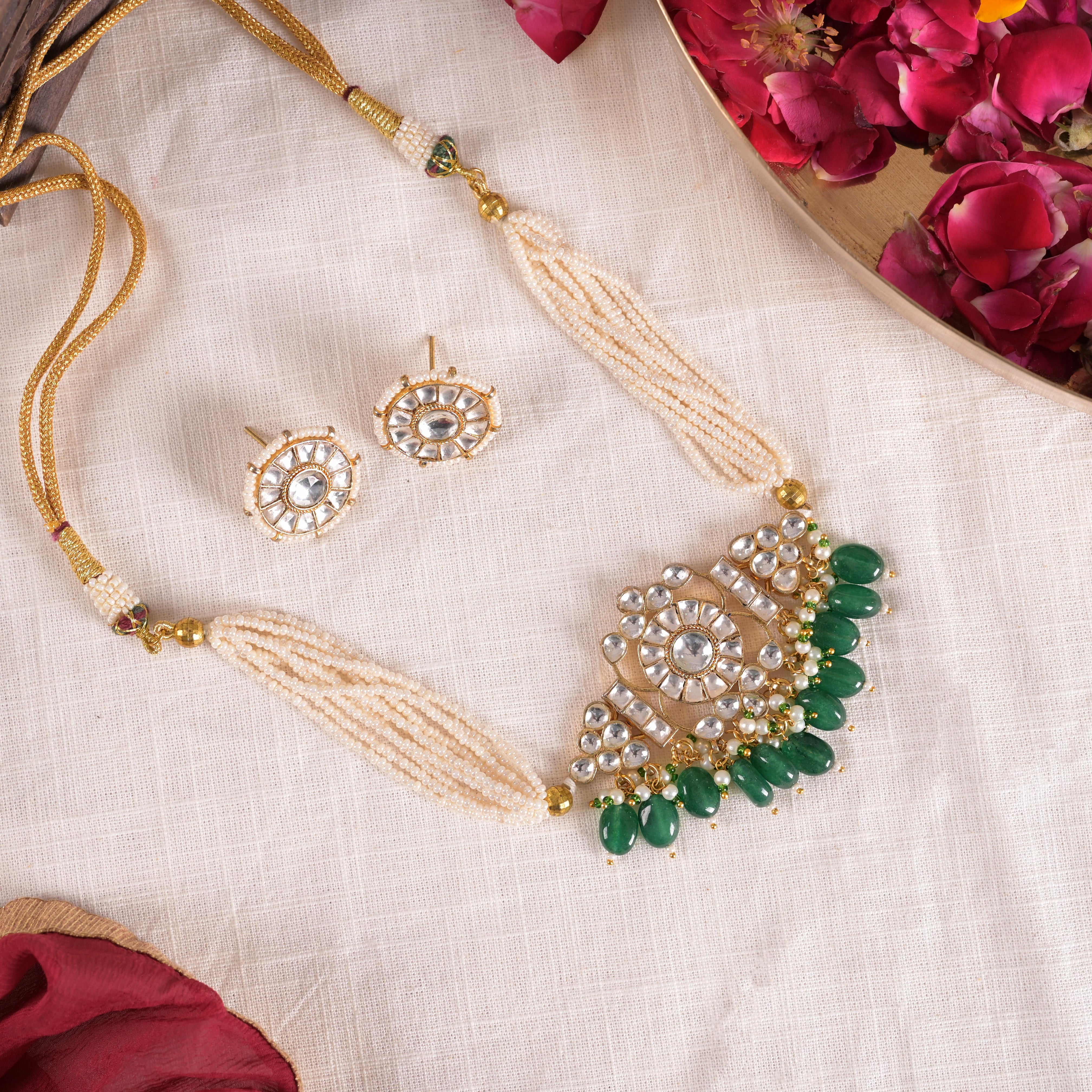 SJN1140- White and Green Colour Gold Plated Jadau Kundan Choker with Earrings