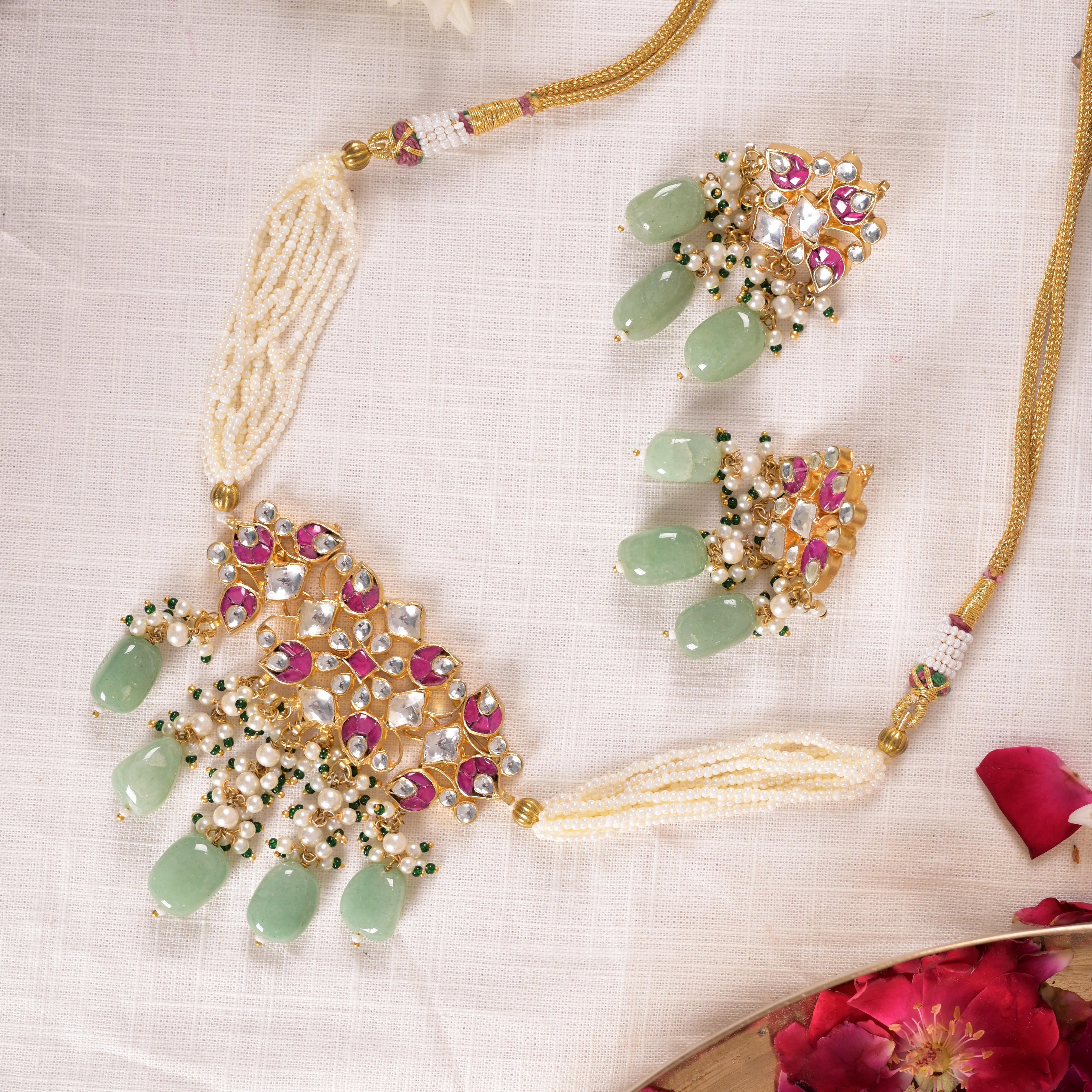 SJN1141- Pink and White Colour Gold Plated Jadau Kundan Choker with Earrings