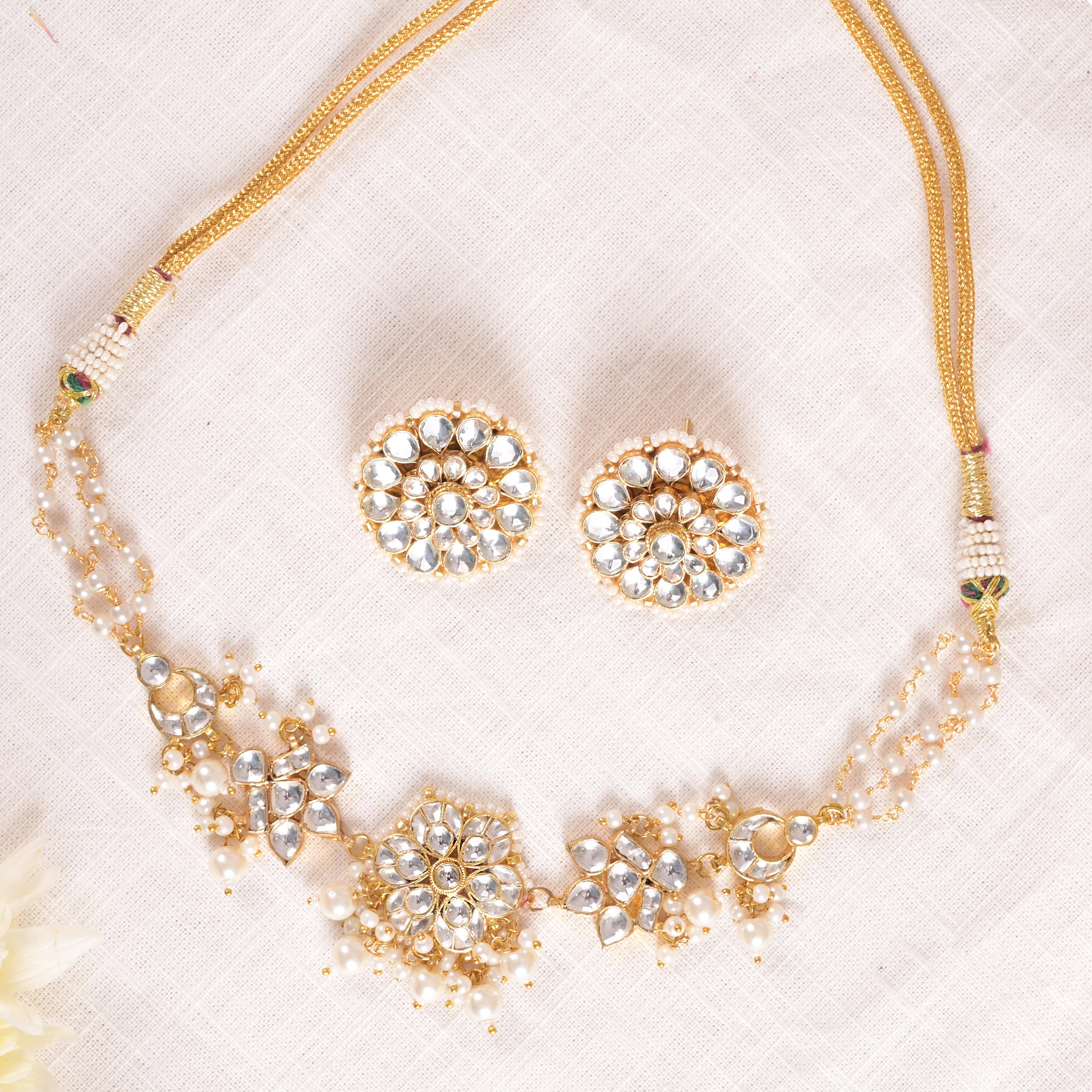 SJN1142- White Colour Gold Plated Jadau Kundan Choker with Earrings