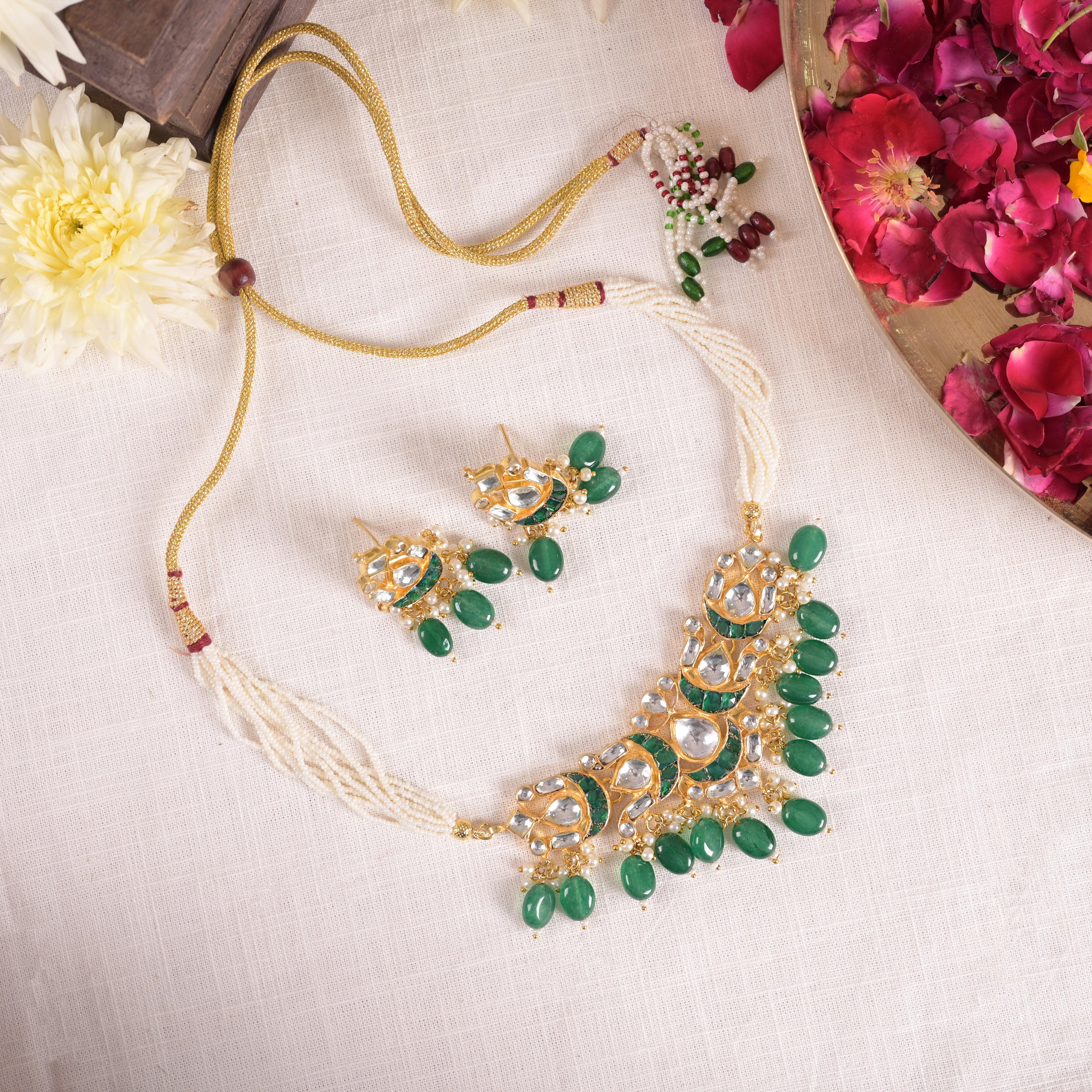 SJN1144- Green Colour Gold Plated Jadau Kundan Choker with Earrings