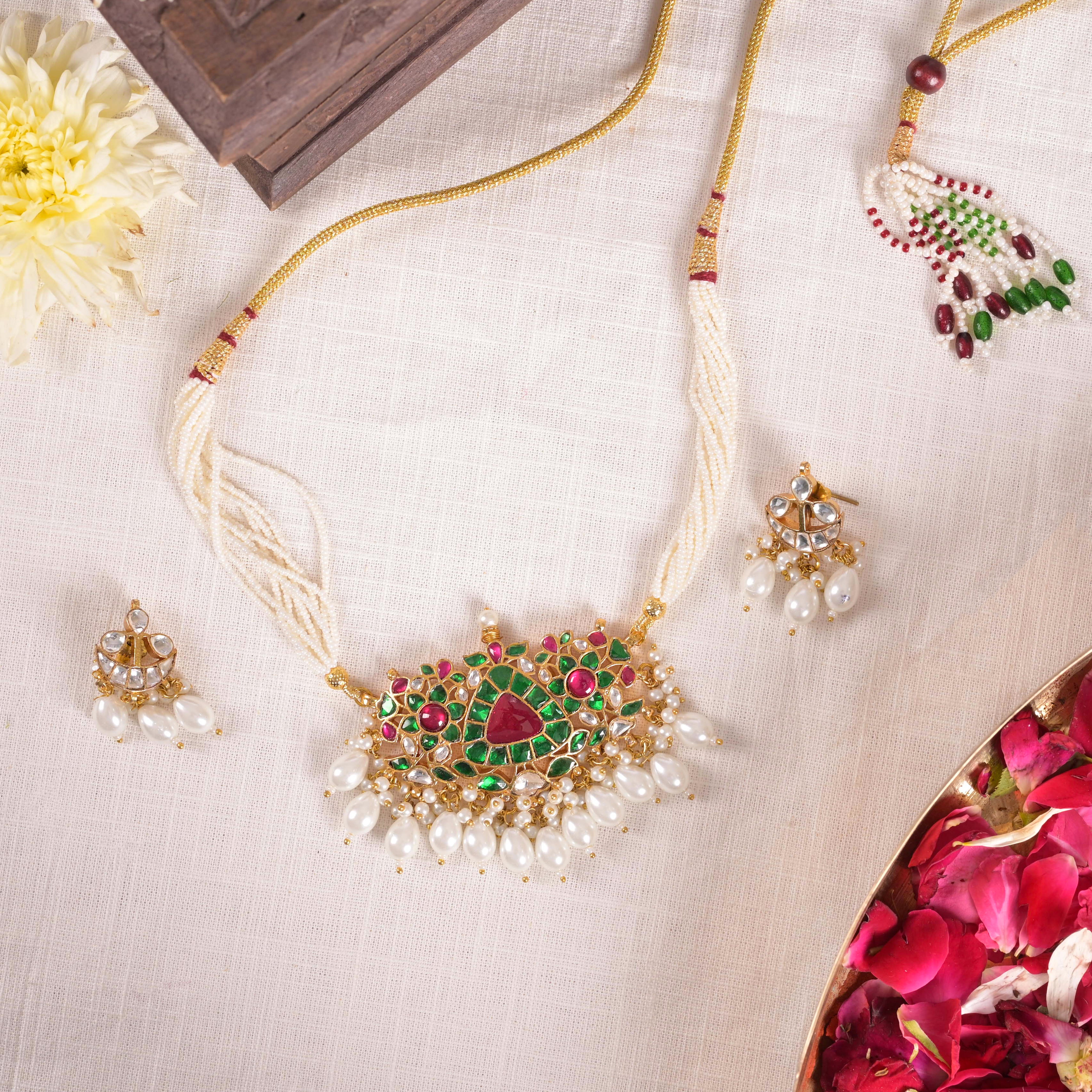 SJN1145- Multi Colour Gold Plated Jadau Kundan Choker with Earrings