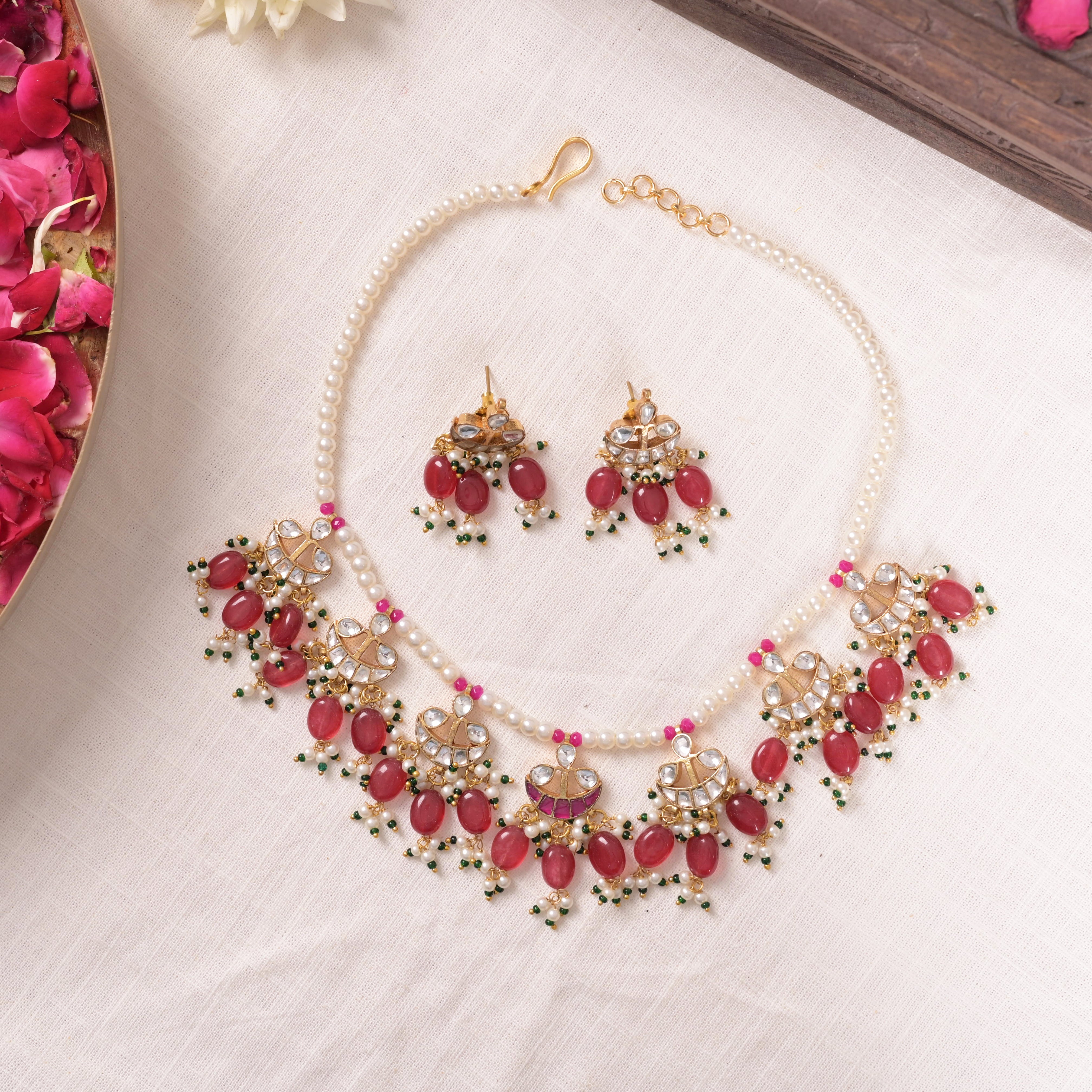 SJN1146- Pink Colour Gold Plated Jadau Kundan Choker with Earrings