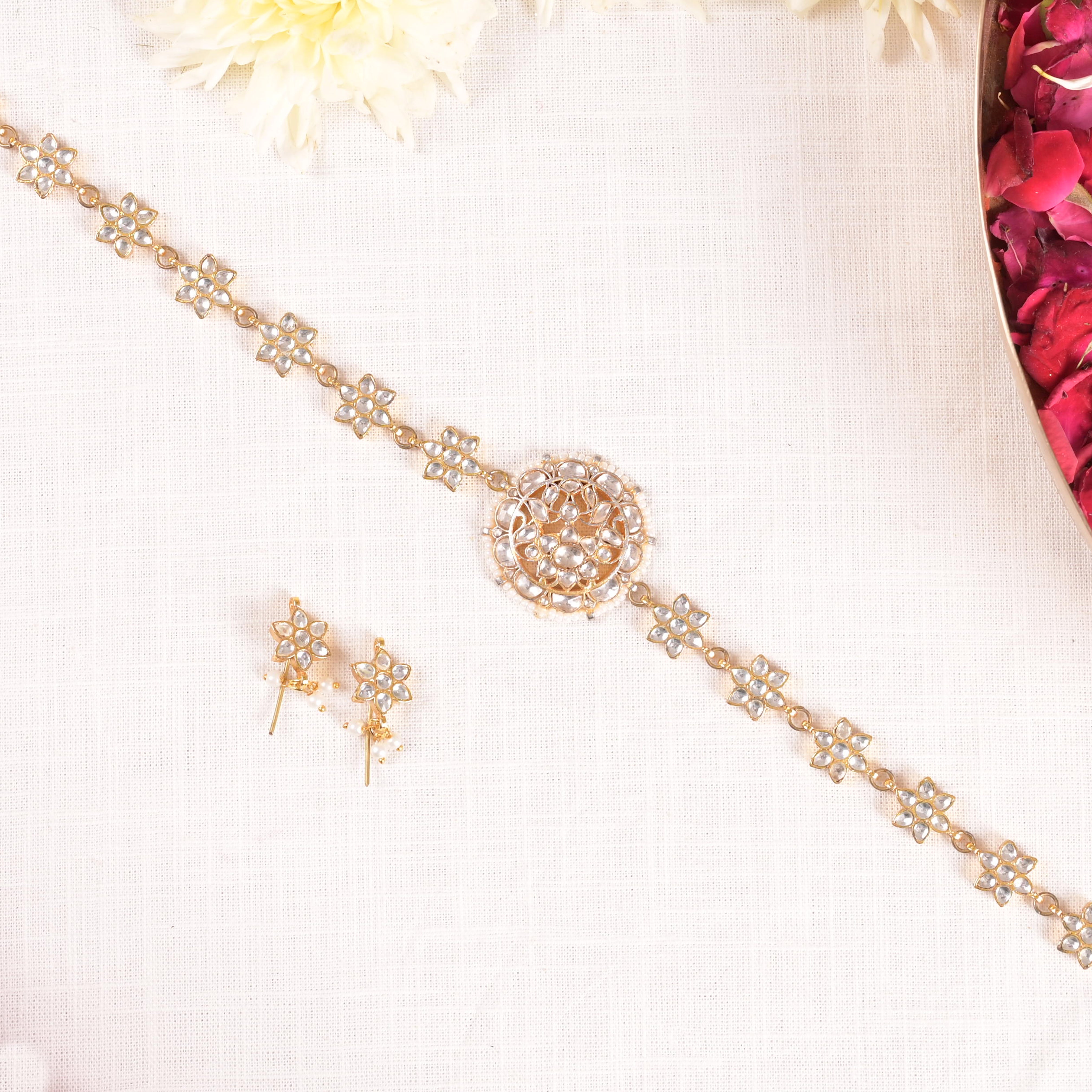 SJN1149- White Colour Gold Plated Jadau Kundan Choker with Earrings
