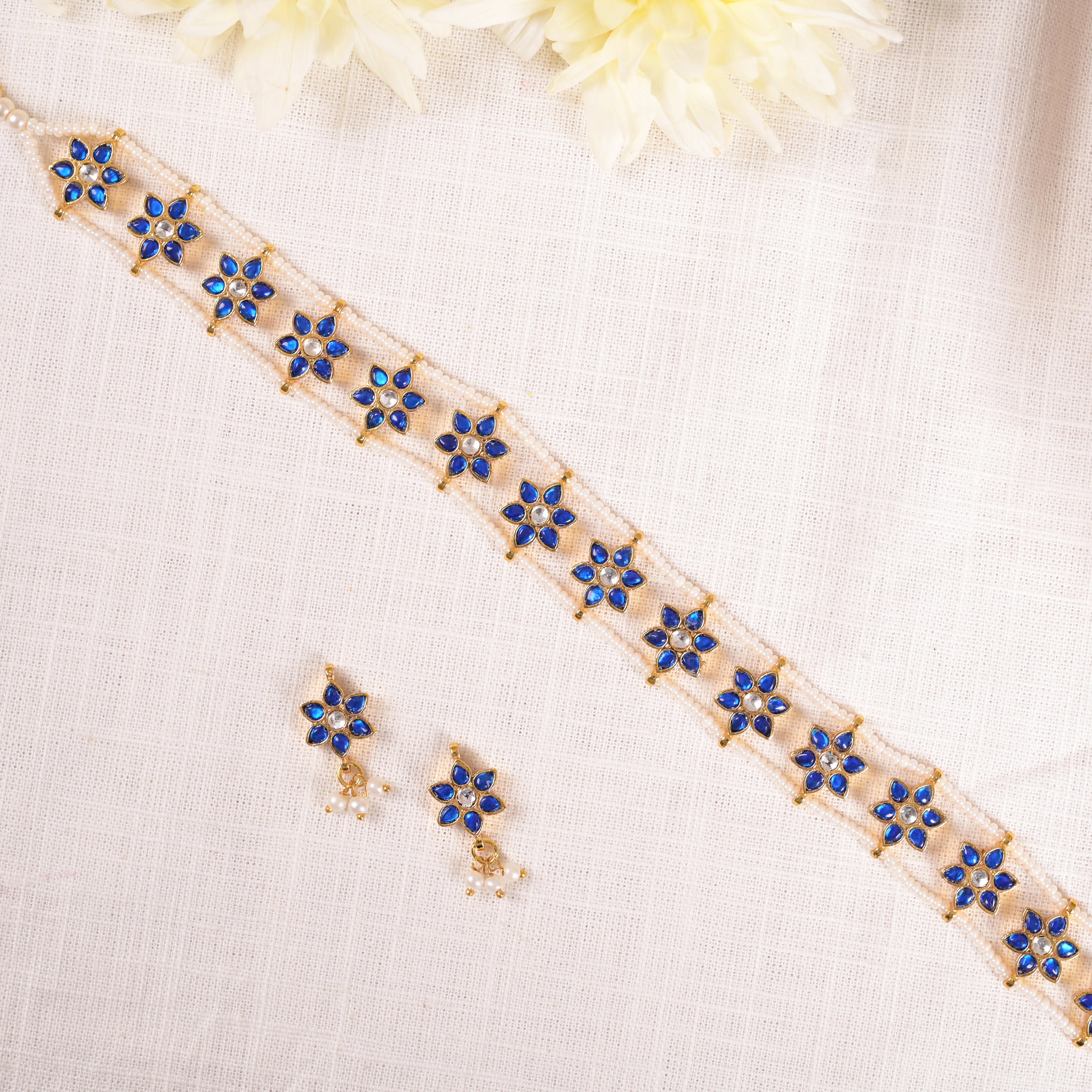SJN1156- Blue Colour Gold Plated Jadau Kundan Choker Set
