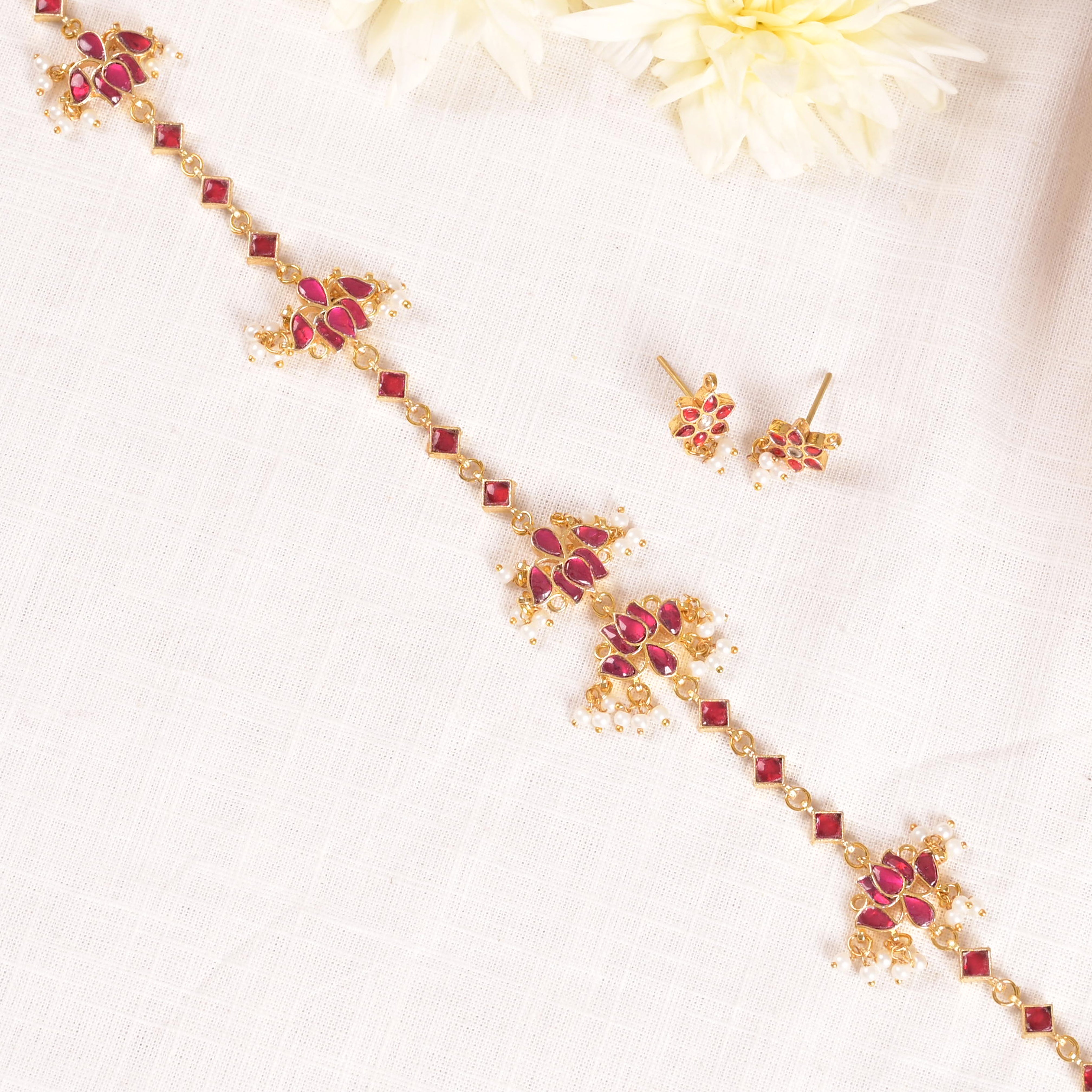 SJN1157- Red Colour Gold Plated Jadau Kundan Choker Set