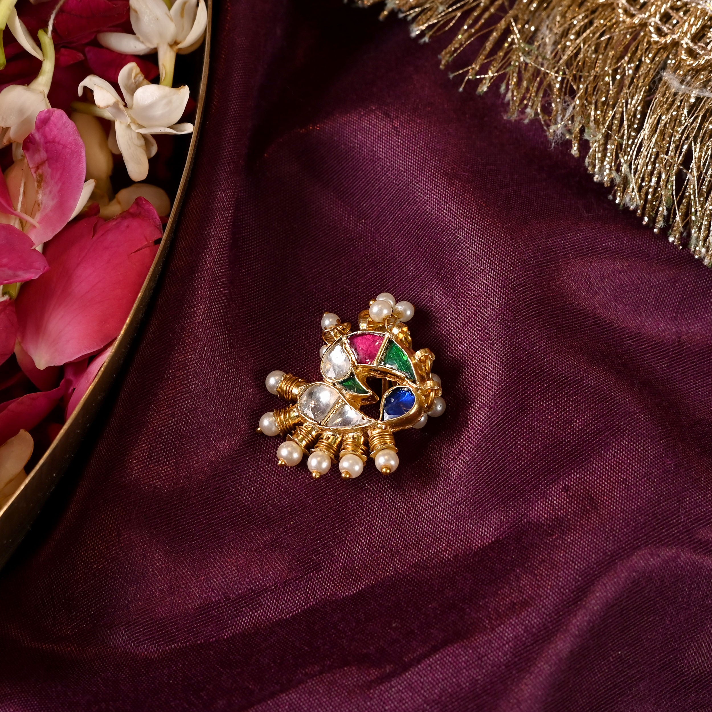 SJNR0006- Multi Colour Gold Plated Jadau Kundan Nose Pin