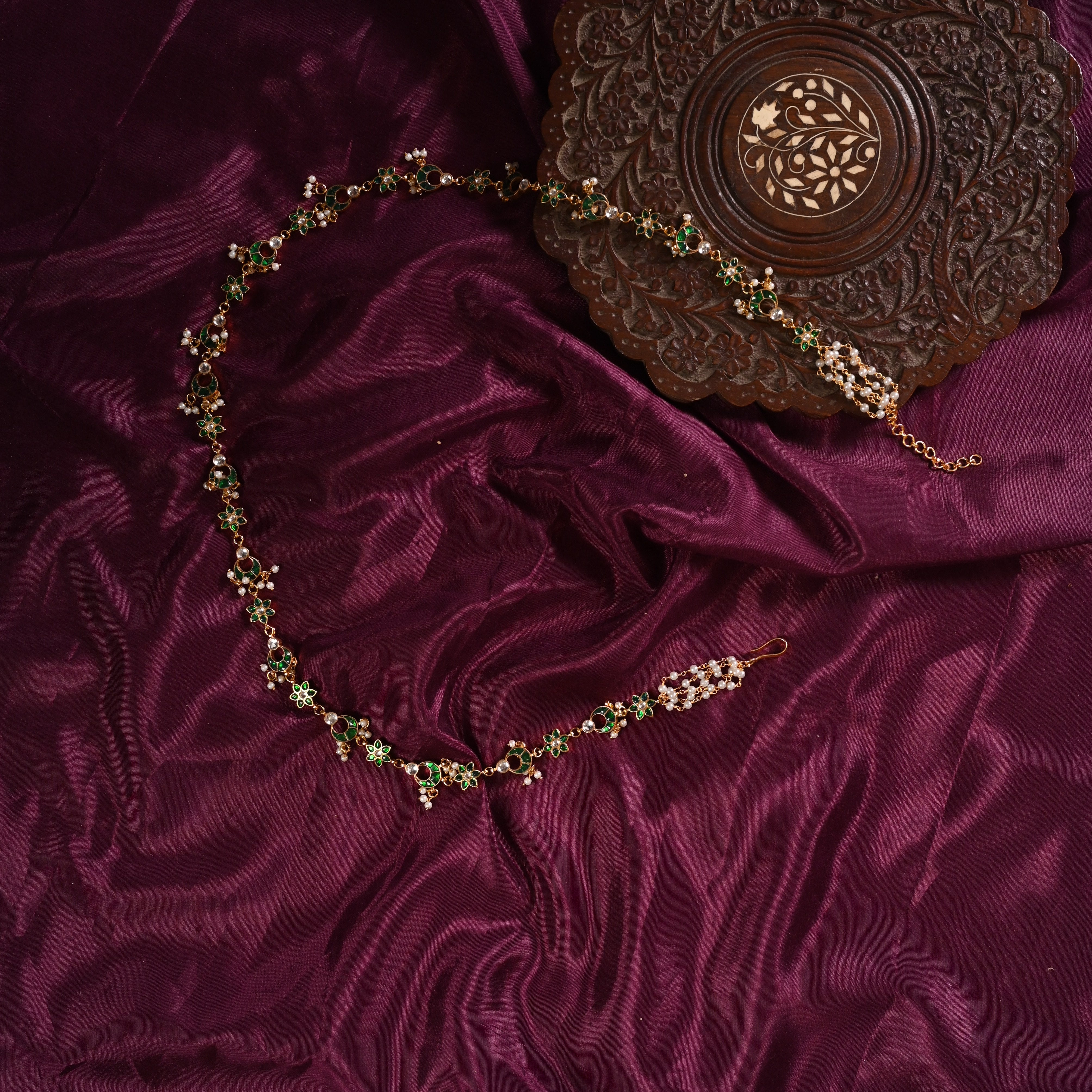 SJWB0003- Green and White Colour Gold Plated Jadau Kundan Waistbelt