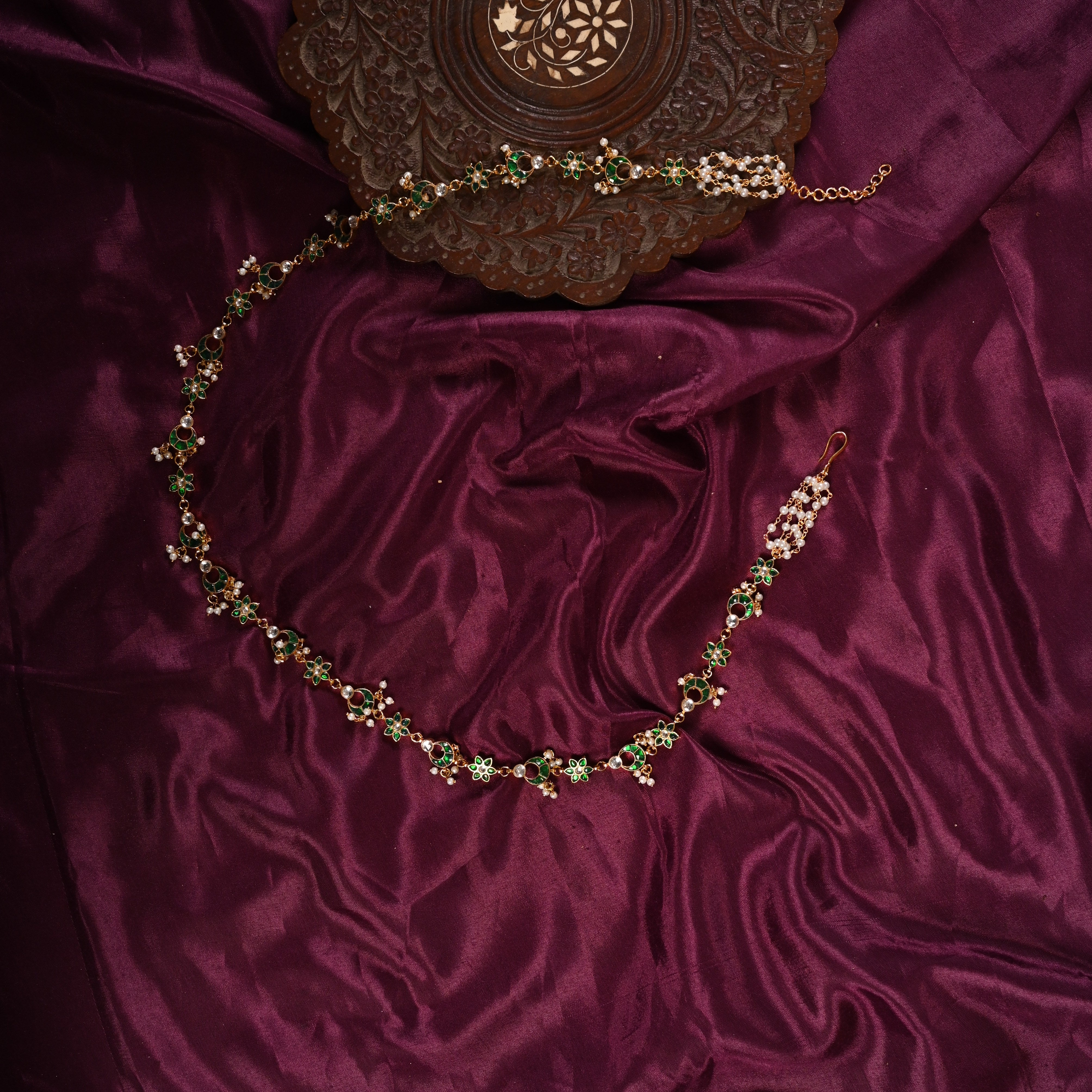 SJWB0003- Green and White Colour Gold Plated Jadau Kundan Waistbelt