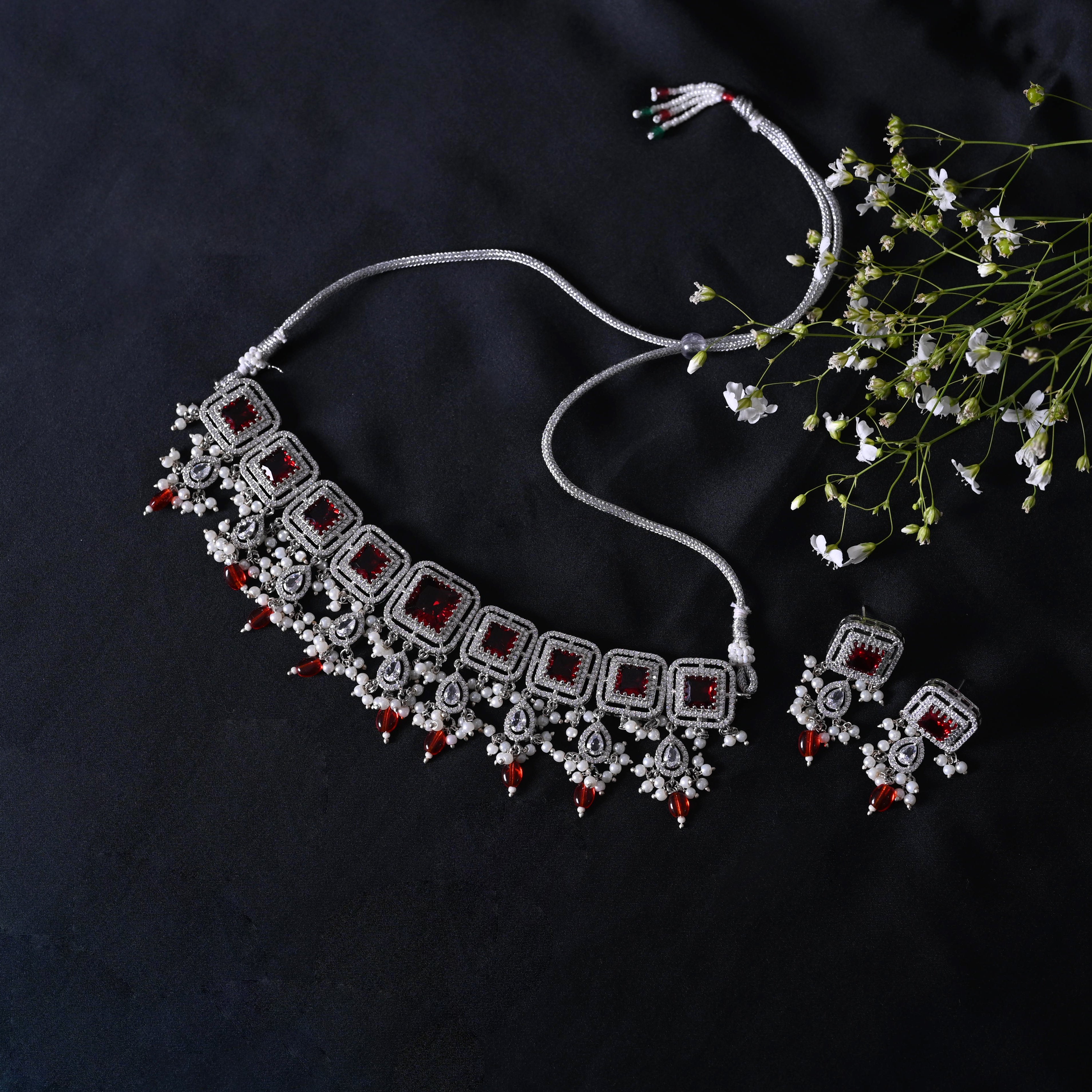 SJN1062- Ruby Colour Silver Plated Faux Diamond Choker with Earrings