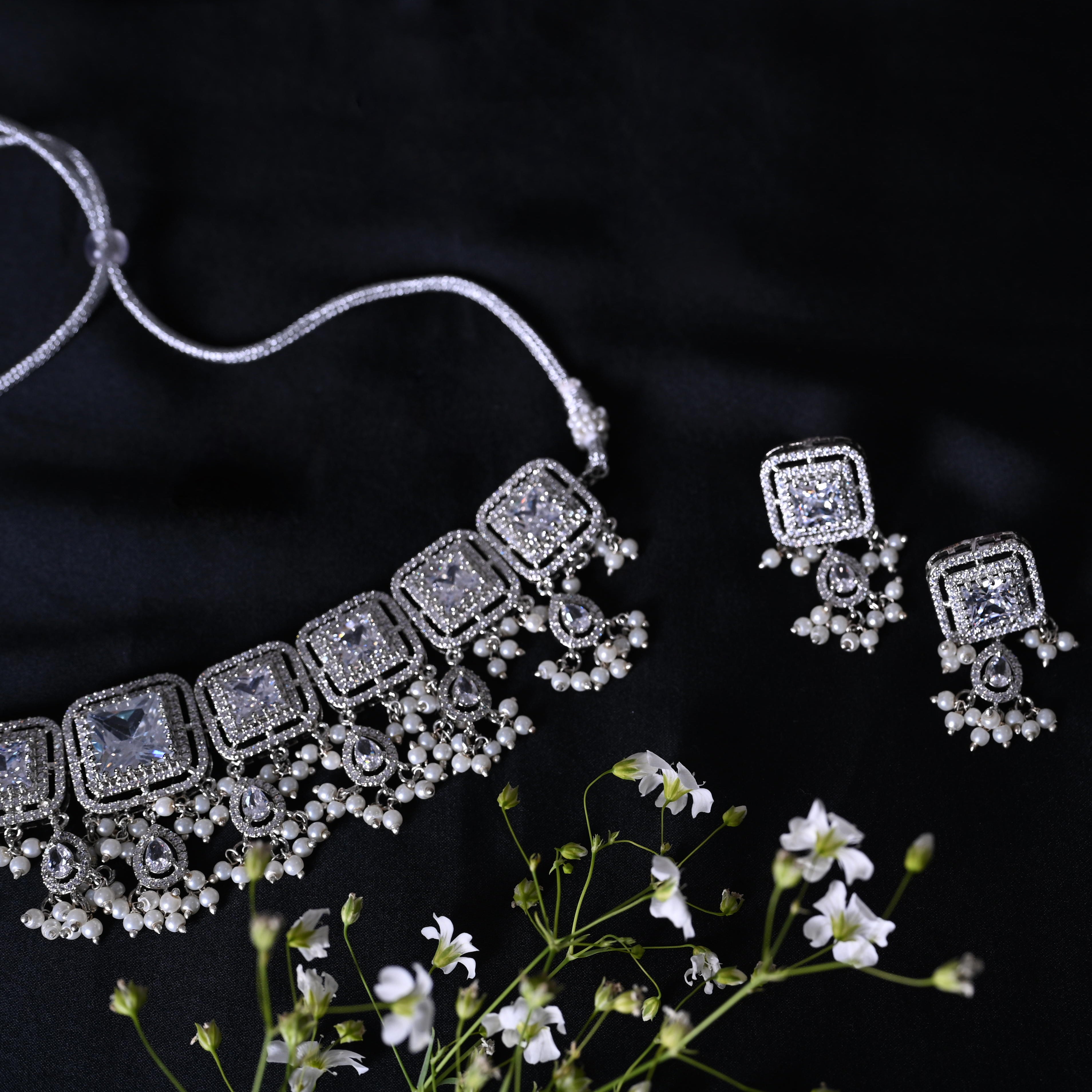 SJN1062- White Colour Silver Plated Faux Diamond Choker with Earrings