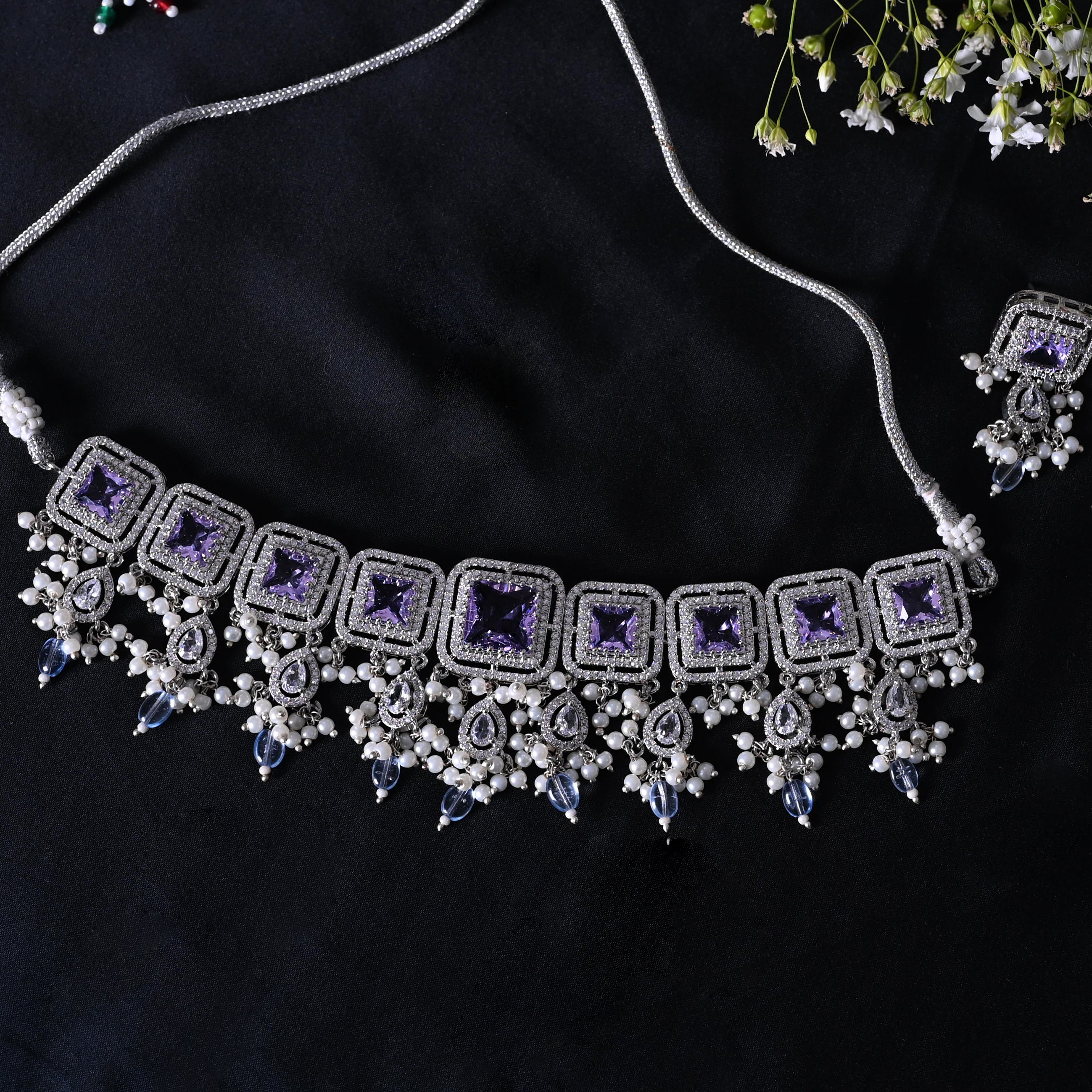 SJN1062- Purple Colour Silver Plated Faux Diamond Choker with Earrings