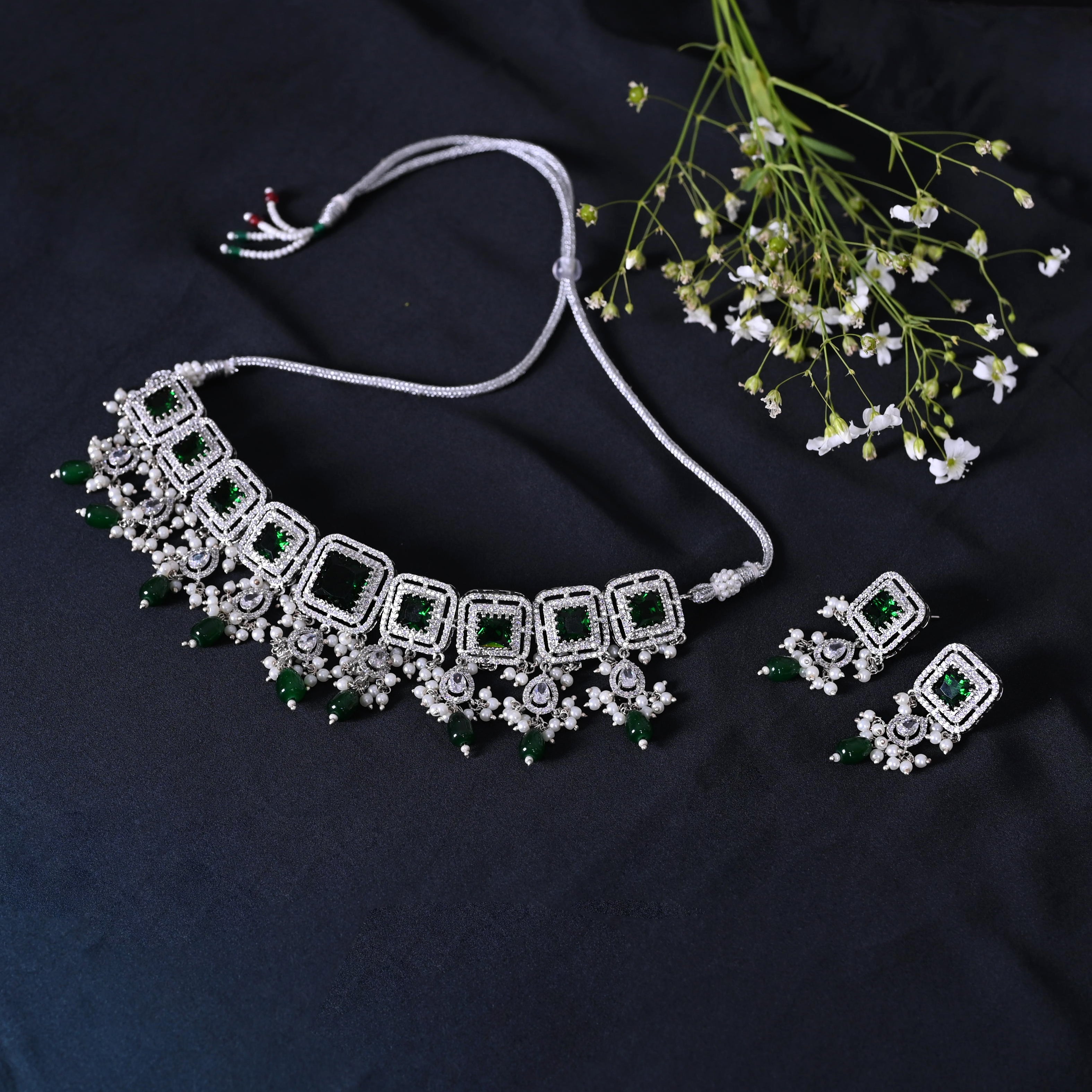 SJN1062- Ruby Colour Silver Plated Faux Diamond Choker with Earrings