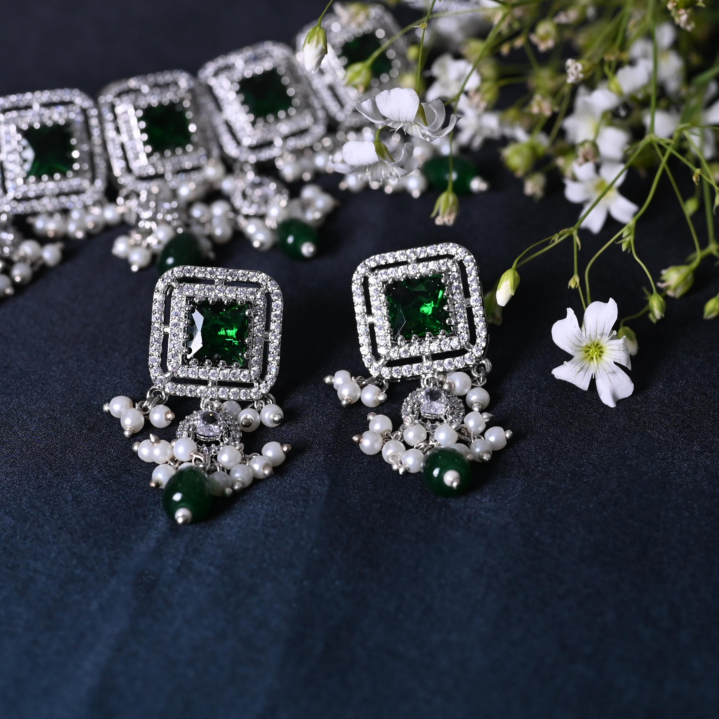 SJN1062- Green Colour Silver Plated Faux Diamond Choker with Earrings