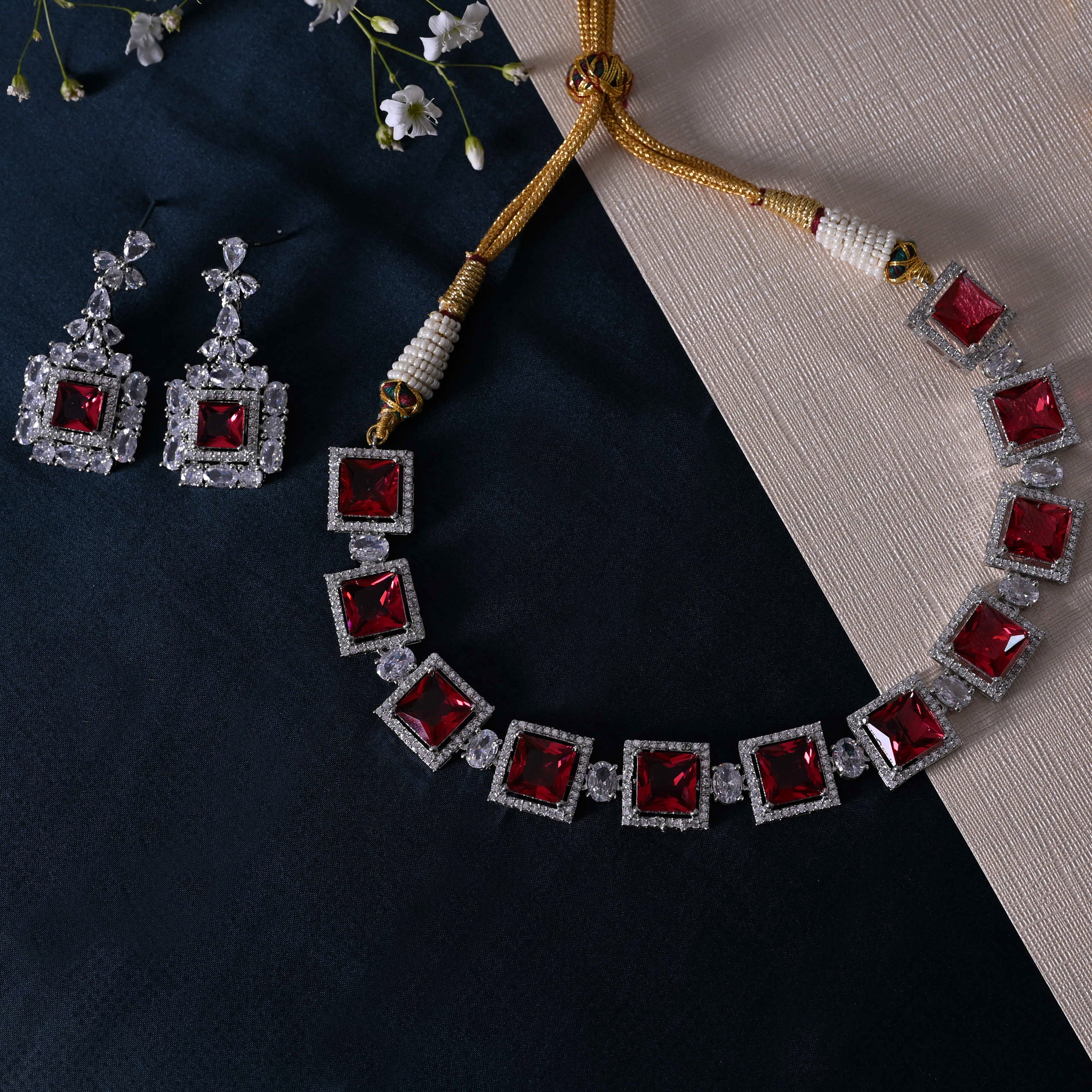 SJN1061- Ruby Colour Faux Diamond Choker with Earrings