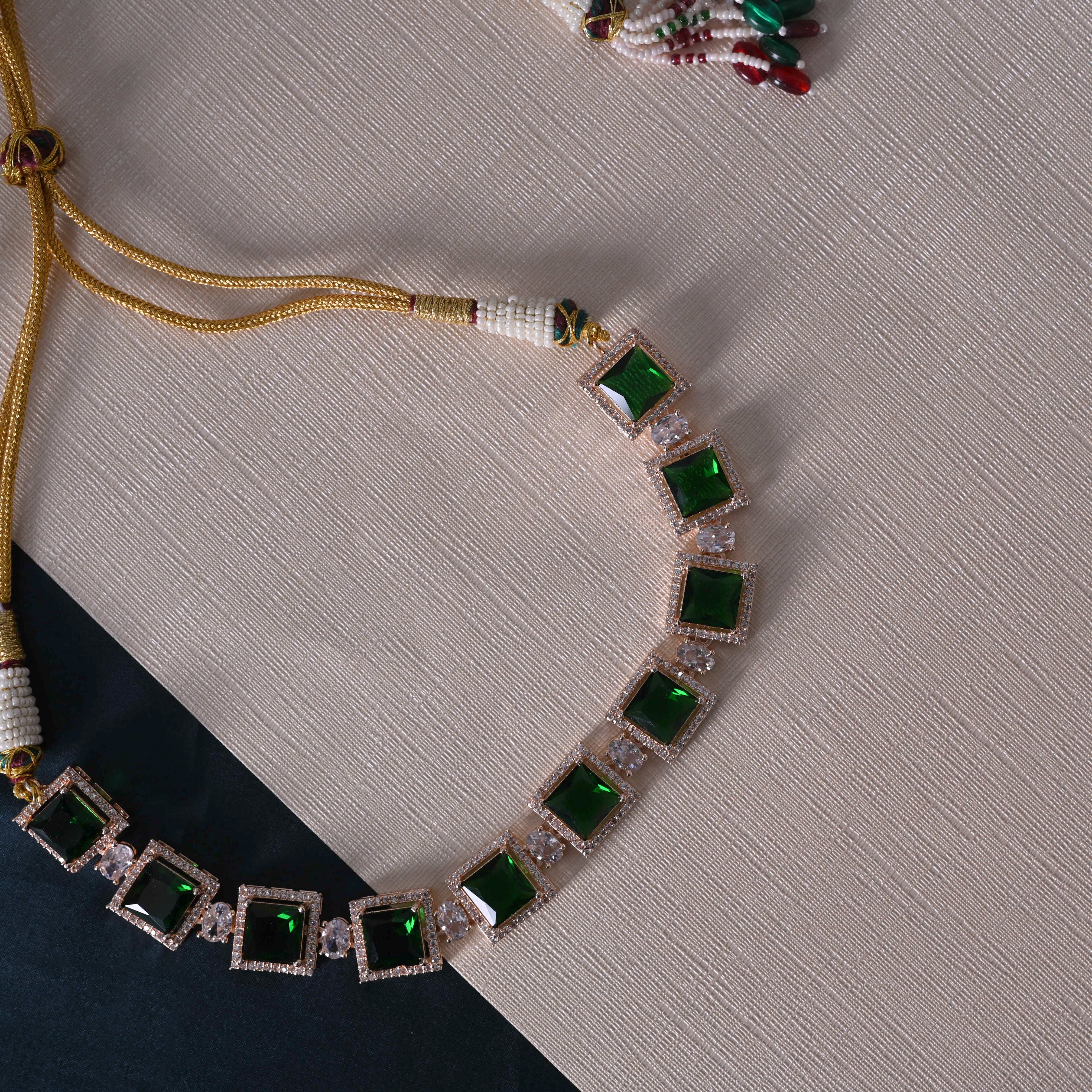 SJN1061- Green Colour Faux Diamond Choker with Earrings