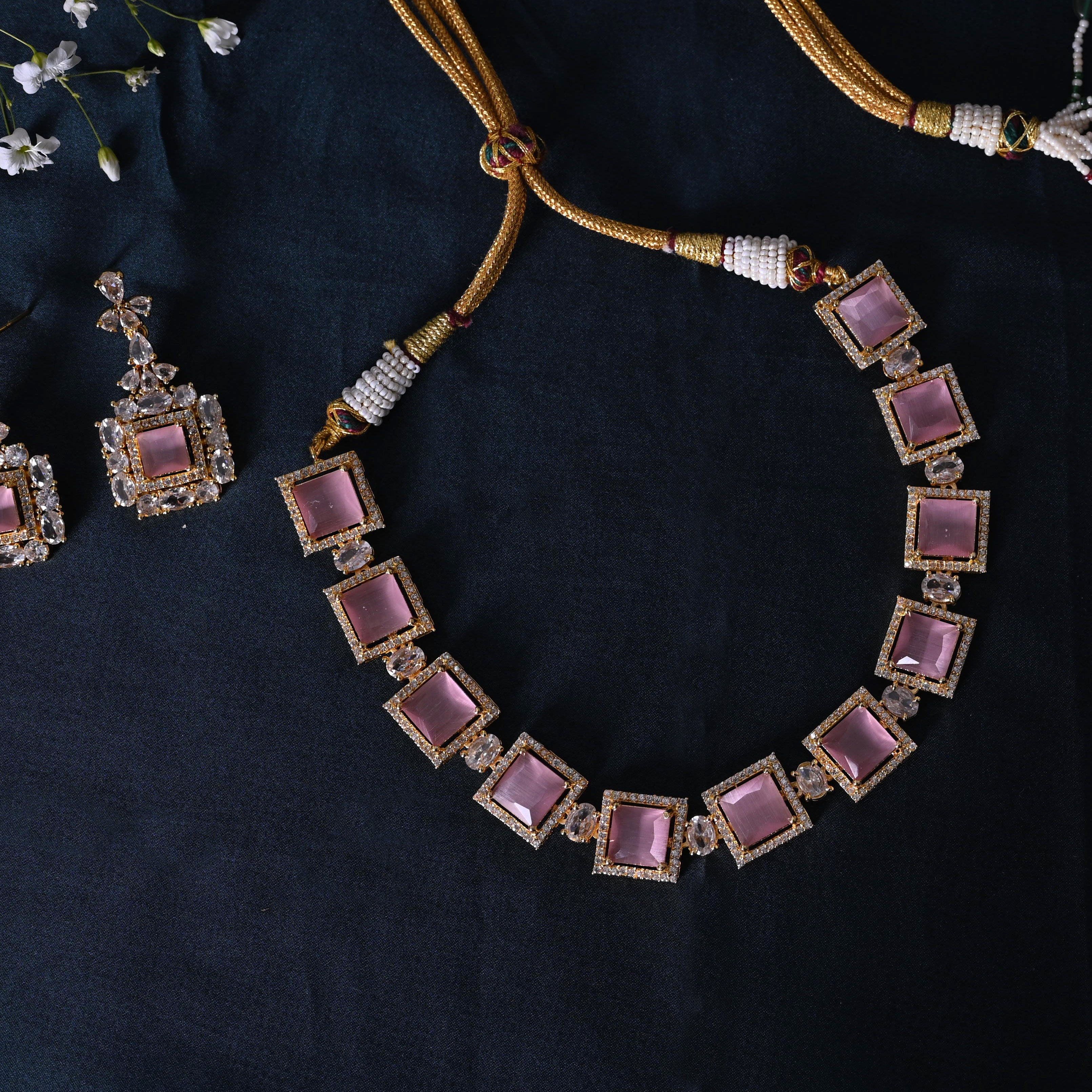 SJN1061- Pink Colour Faux Diamond Choker with Earrings