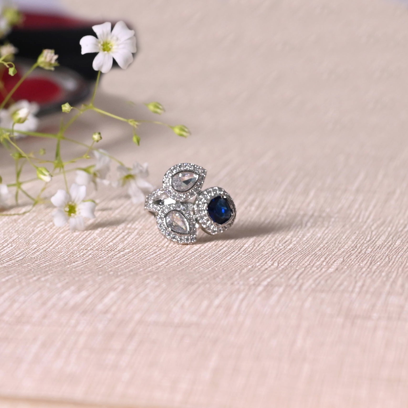 SJR0028- Blue Colour Silver Plated Faux Diamond Ring