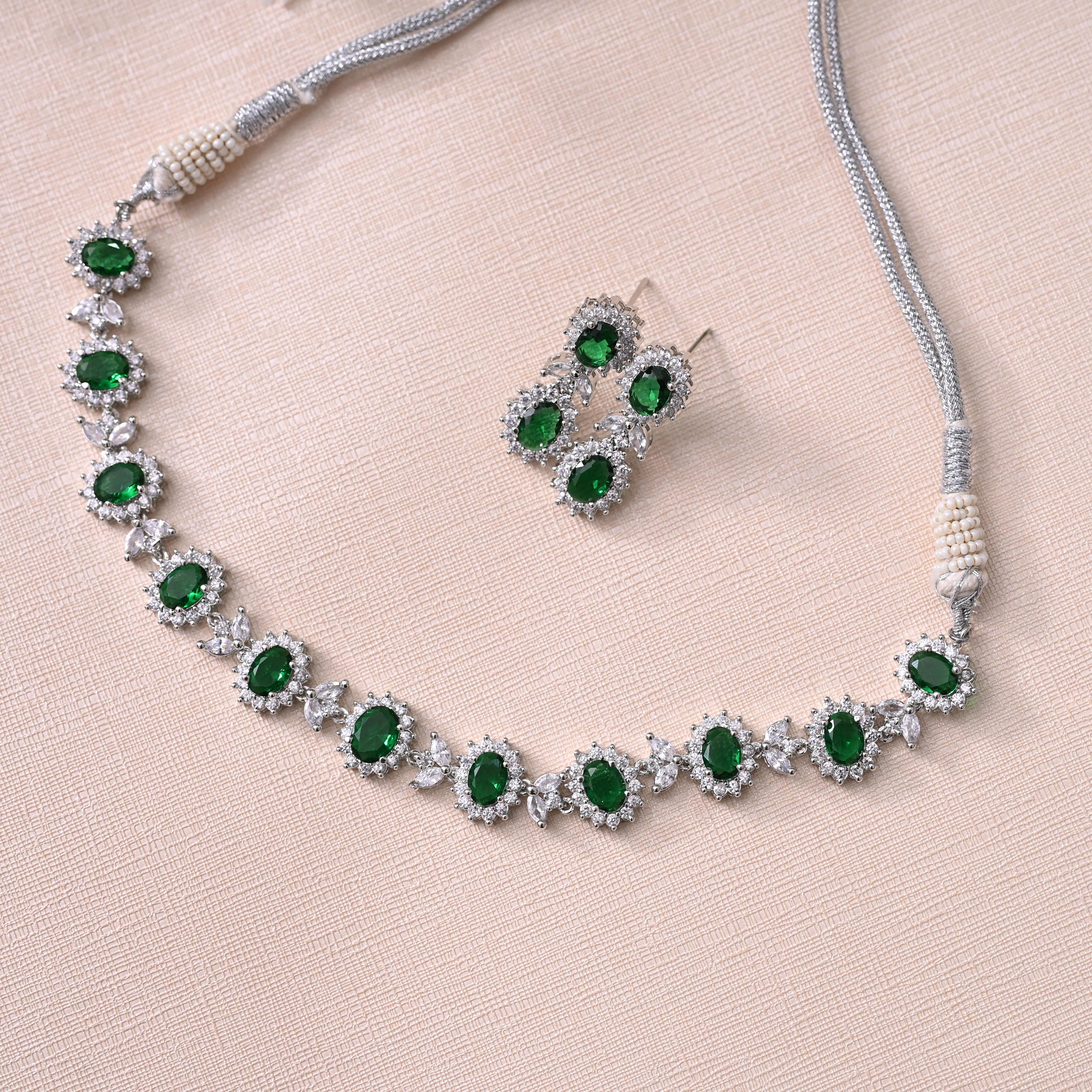 SJN1063- Ruby Colour Silver Plated Faux Diamond Choker with Earrings