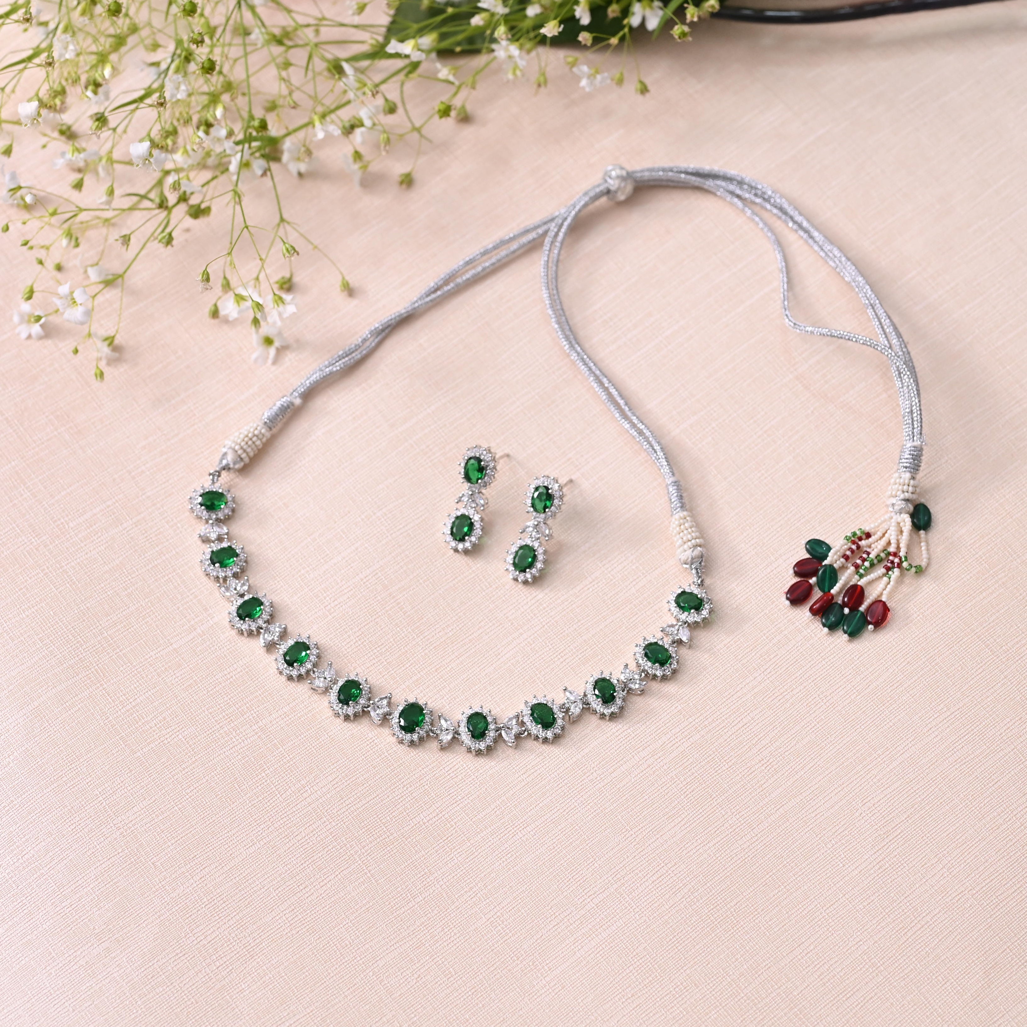 SJN1063- Purple Colour Silver Plated Faux Diamond Choker with Earrings