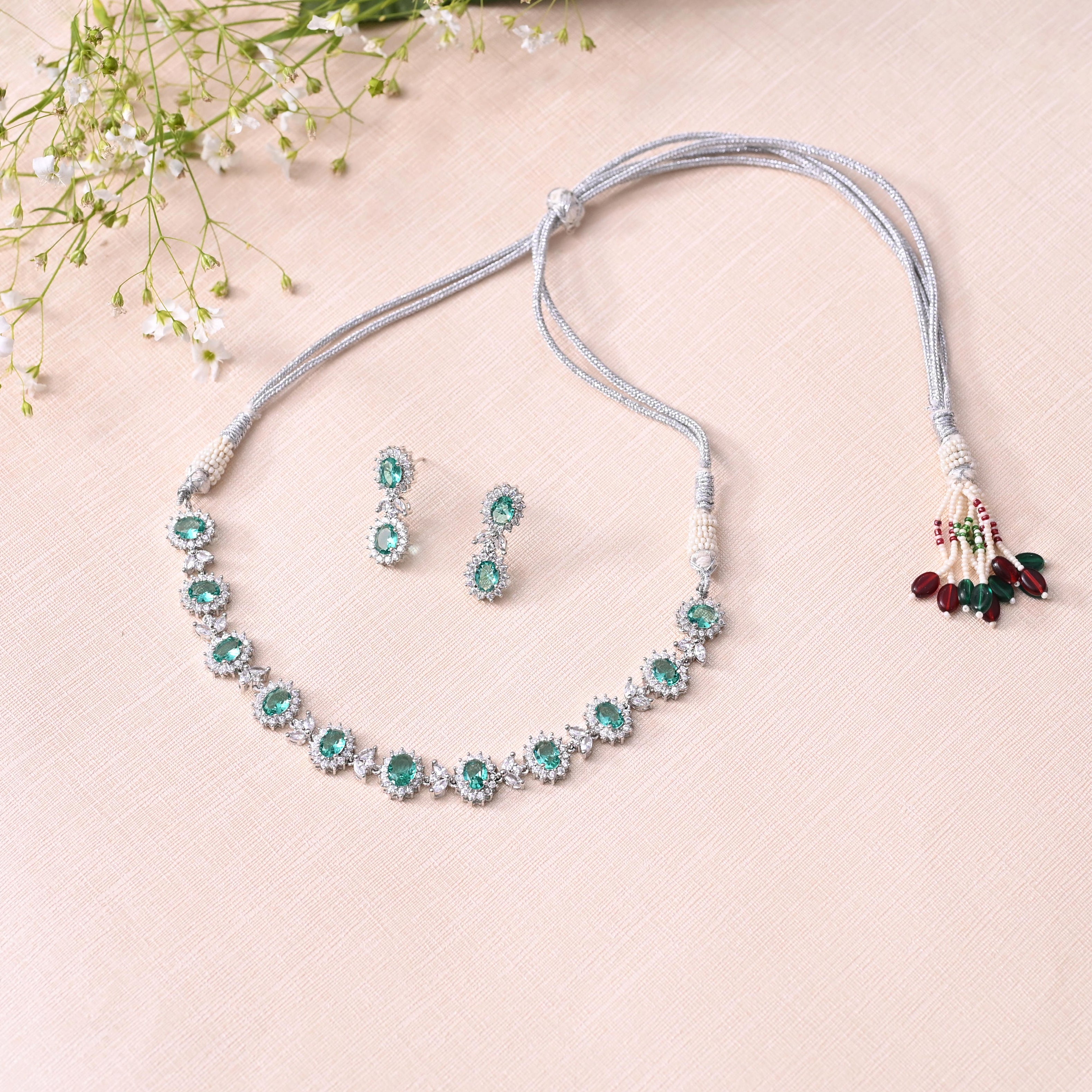SJN1063- Purple Colour Silver Plated Faux Diamond Choker with Earrings