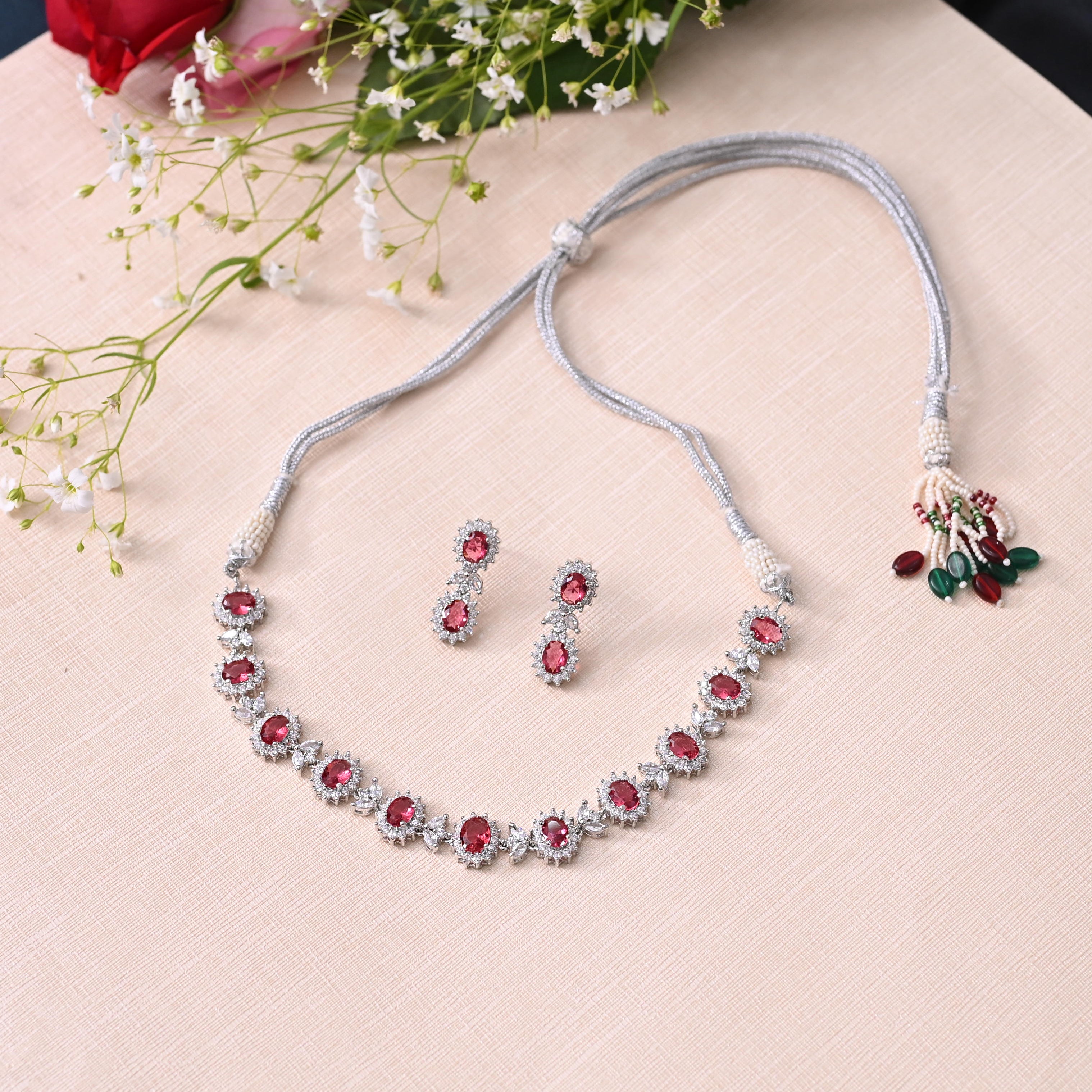 SJN1063- Purple Colour Silver Plated Faux Diamond Choker with Earrings