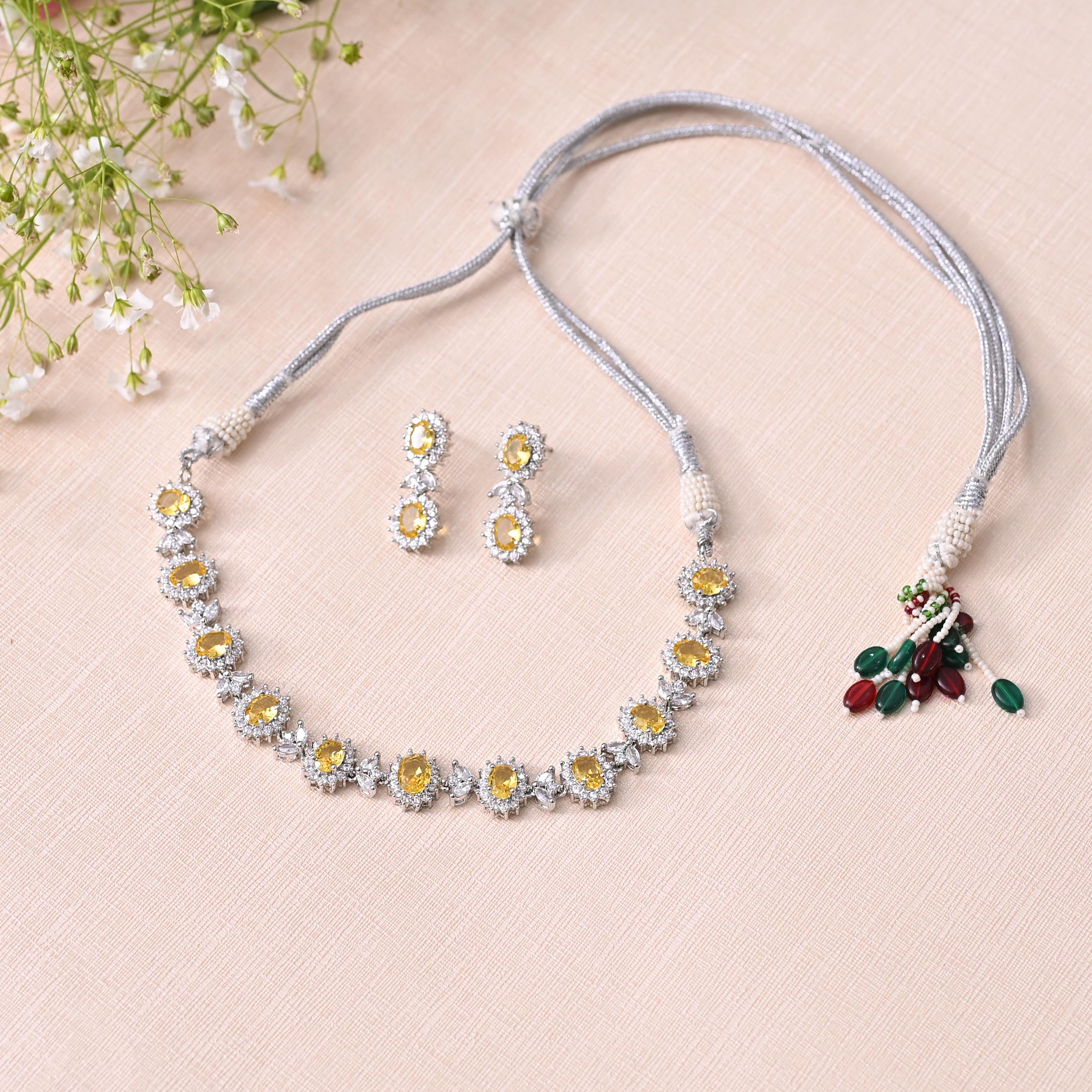 SJN1063- Purple Colour Silver Plated Faux Diamond Choker with Earrings
