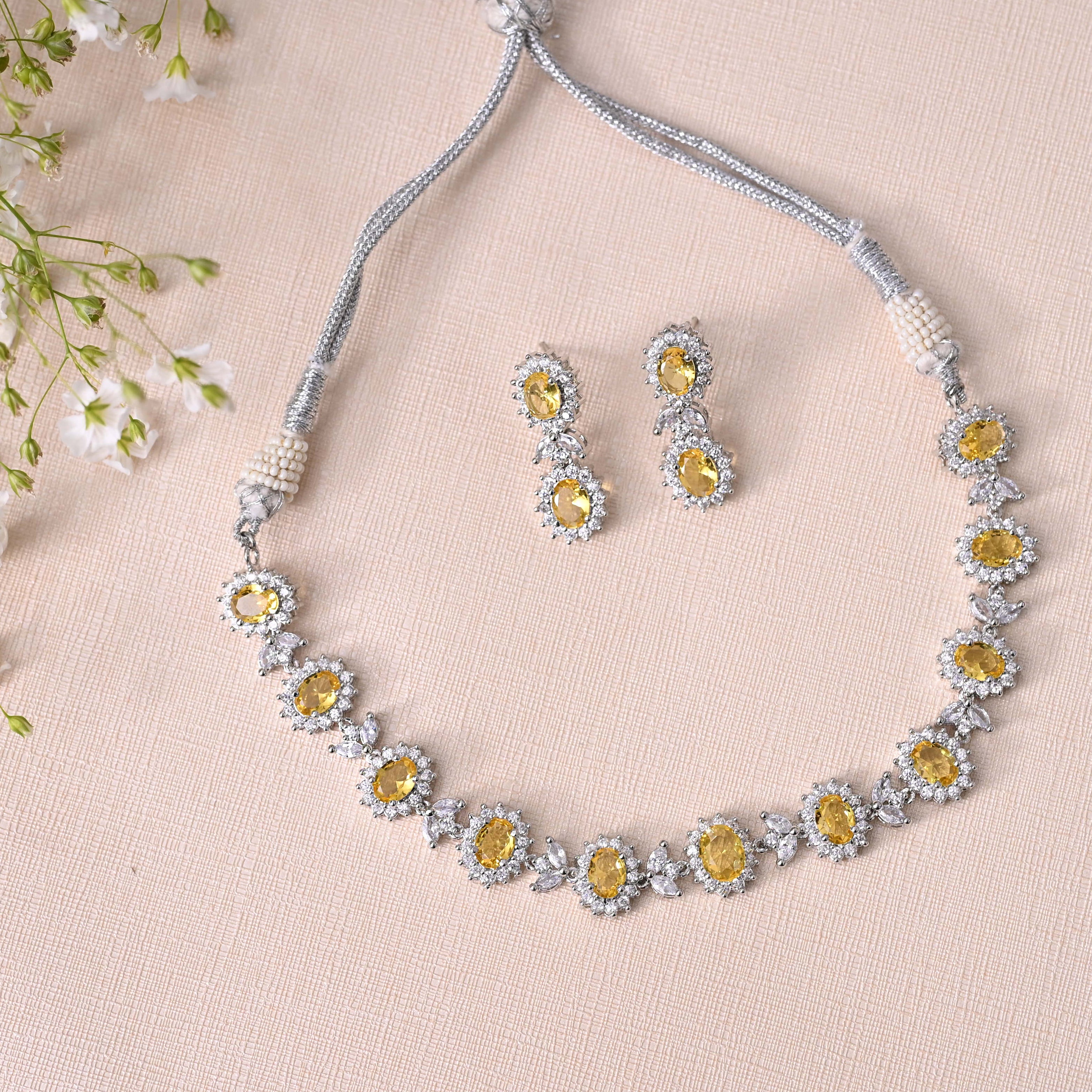 SJN1063- Yellow Colour Silver Plated Faux Diamond Choker with Earrings