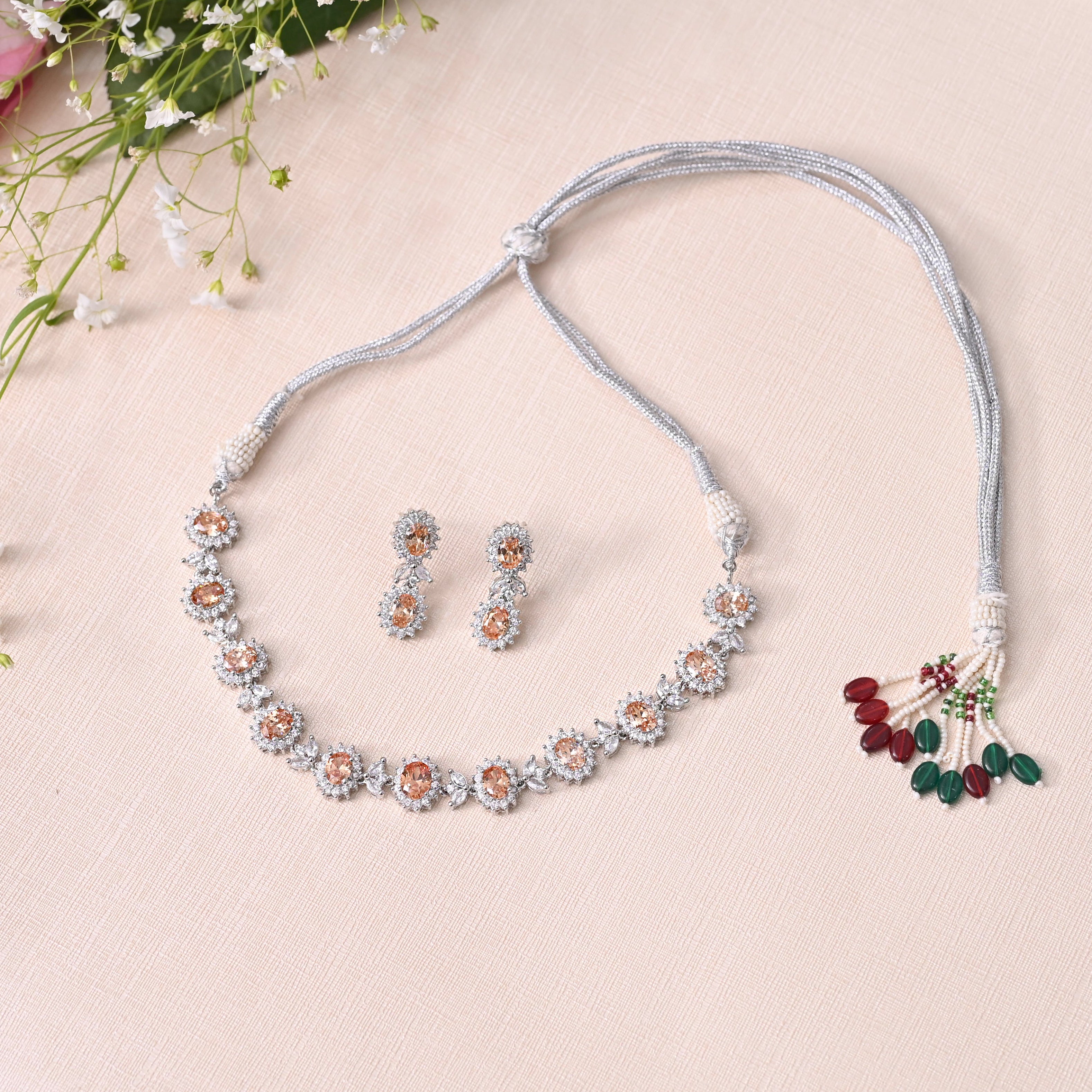 SJN1063- Purple Colour Silver Plated Faux Diamond Choker with Earrings