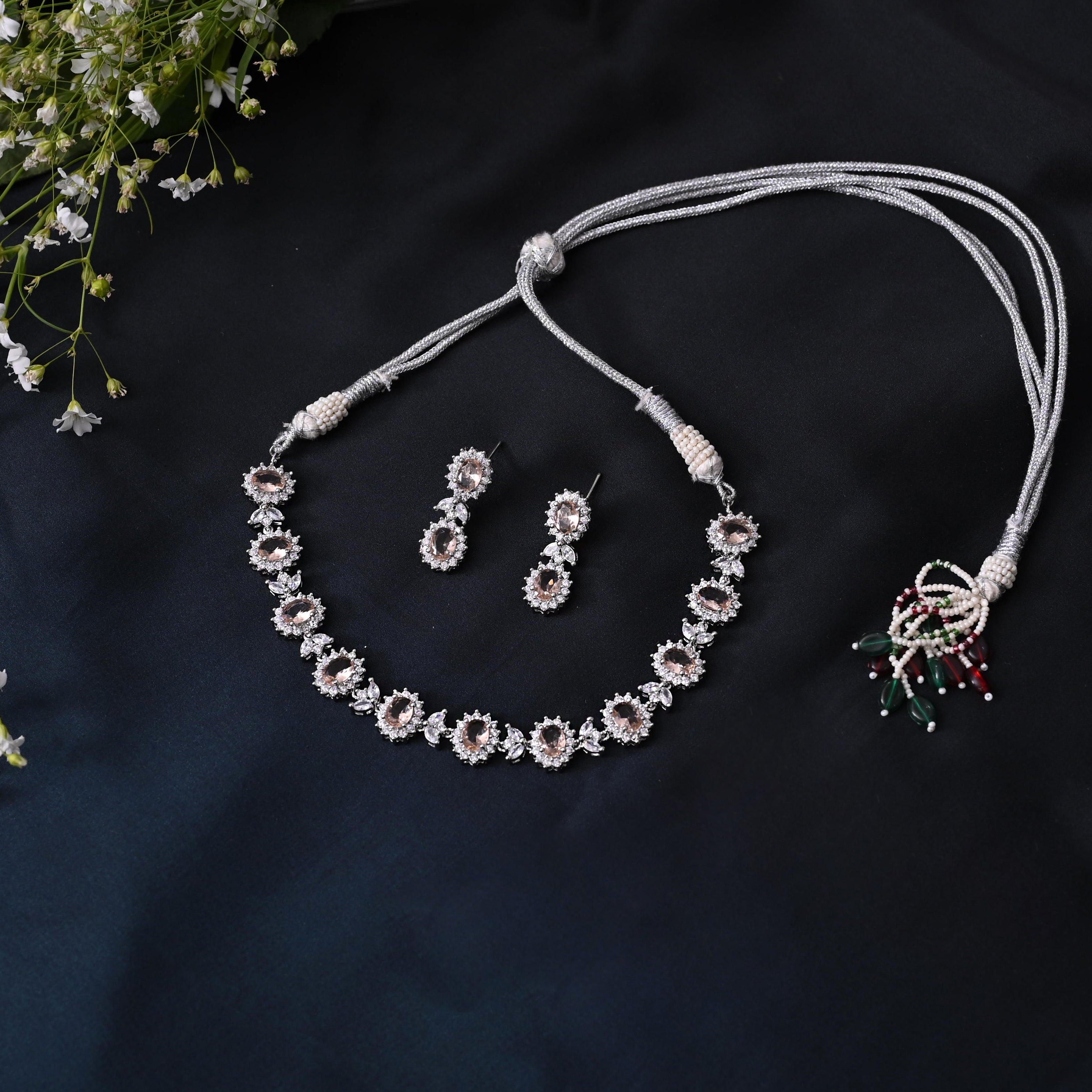 SJN1063- Purple Colour Silver Plated Faux Diamond Choker with Earrings