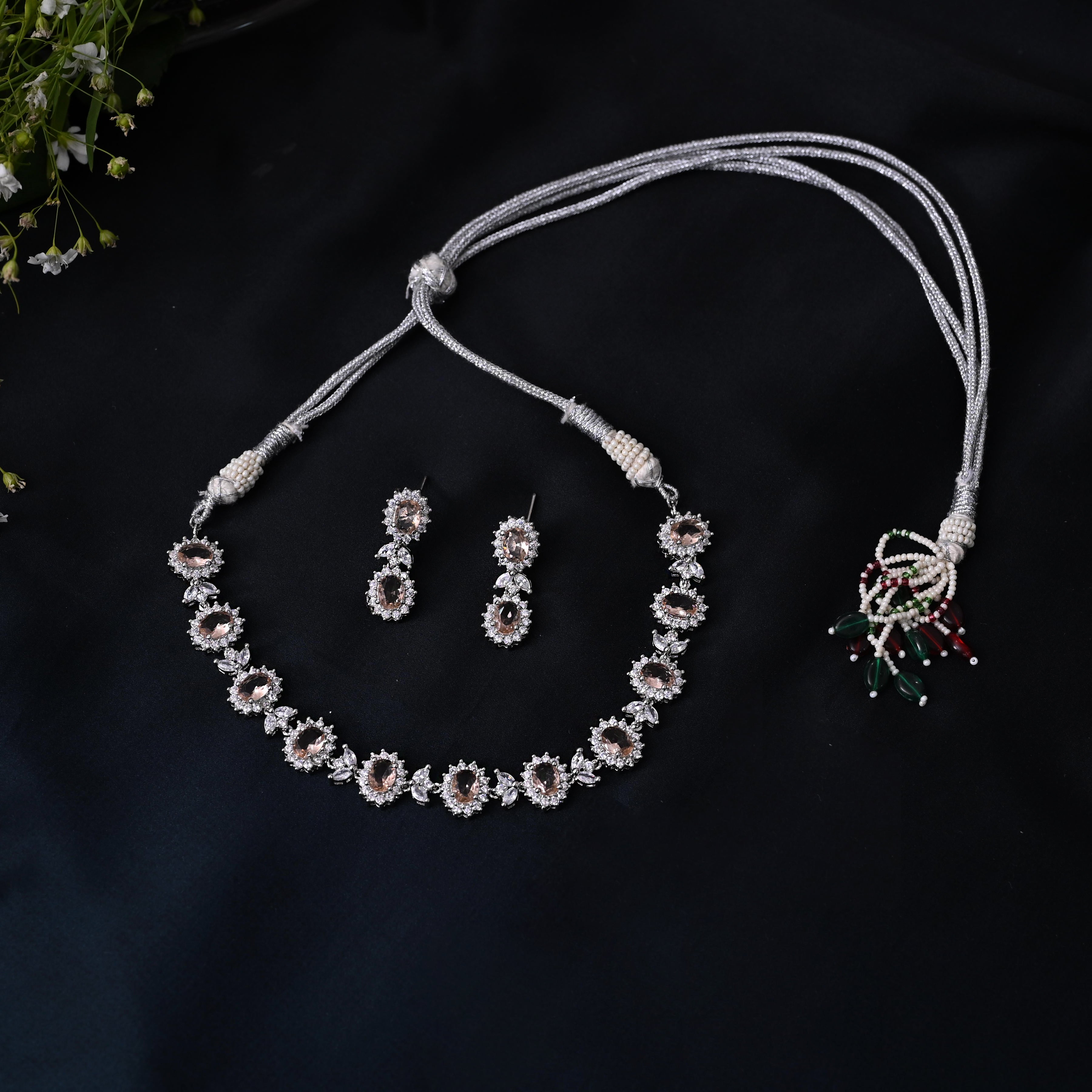 SJN1063- Light Blue Colour Silver Plated Faux Diamond Choker with Earrings