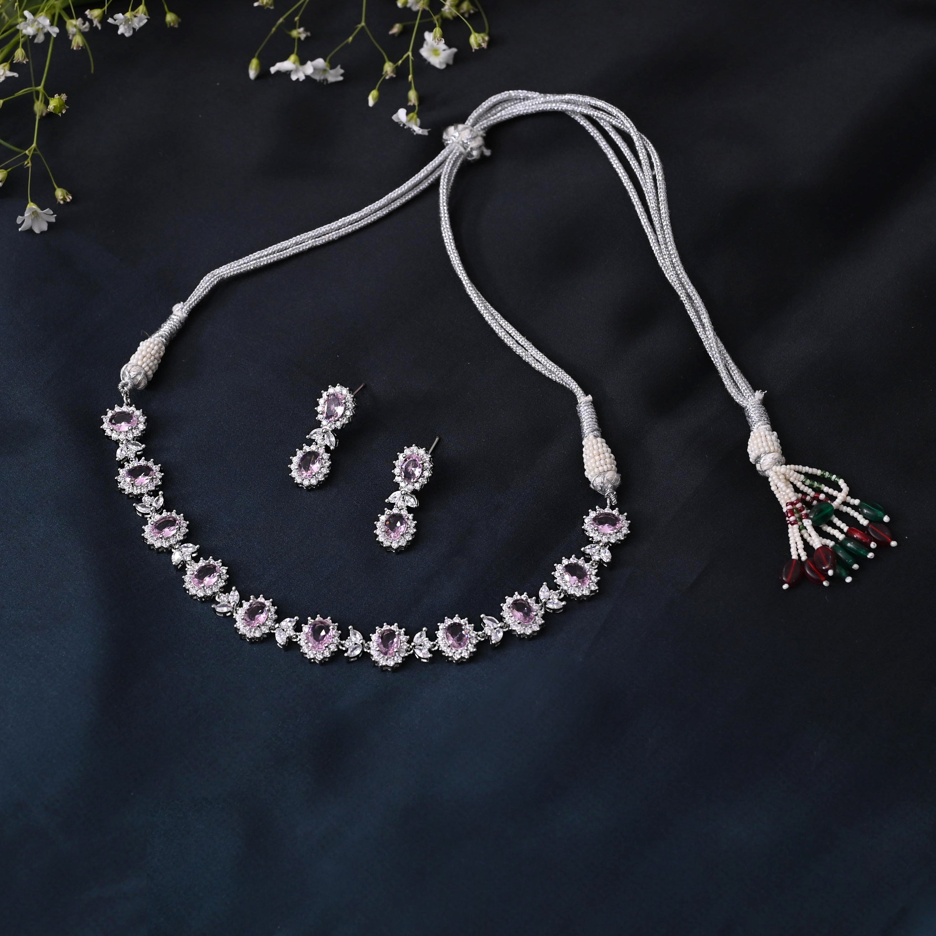SJN1063- Purple Colour Silver Plated Faux Diamond Choker with Earrings