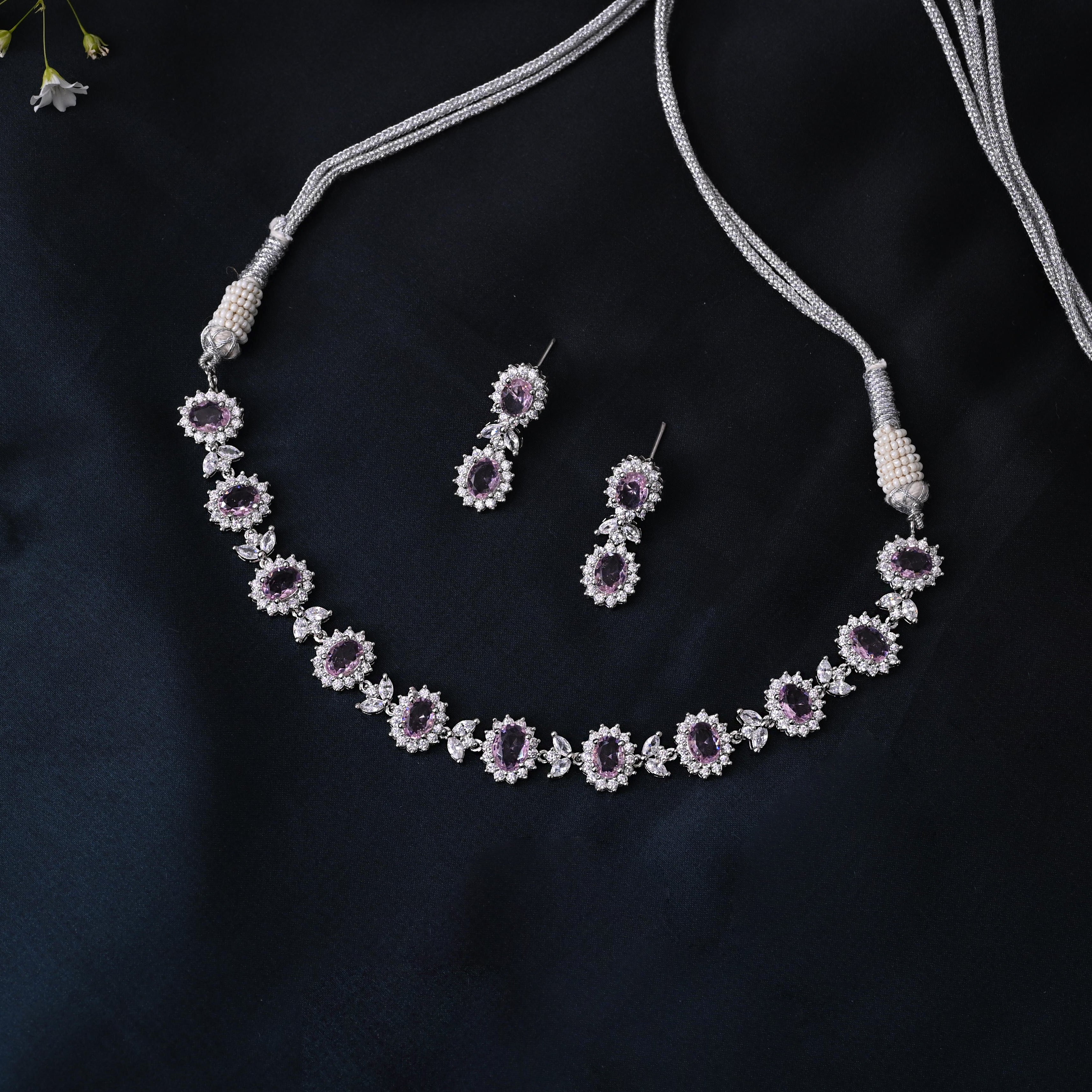 SJN1063- Purple Colour Silver Plated Faux Diamond Choker with Earrings