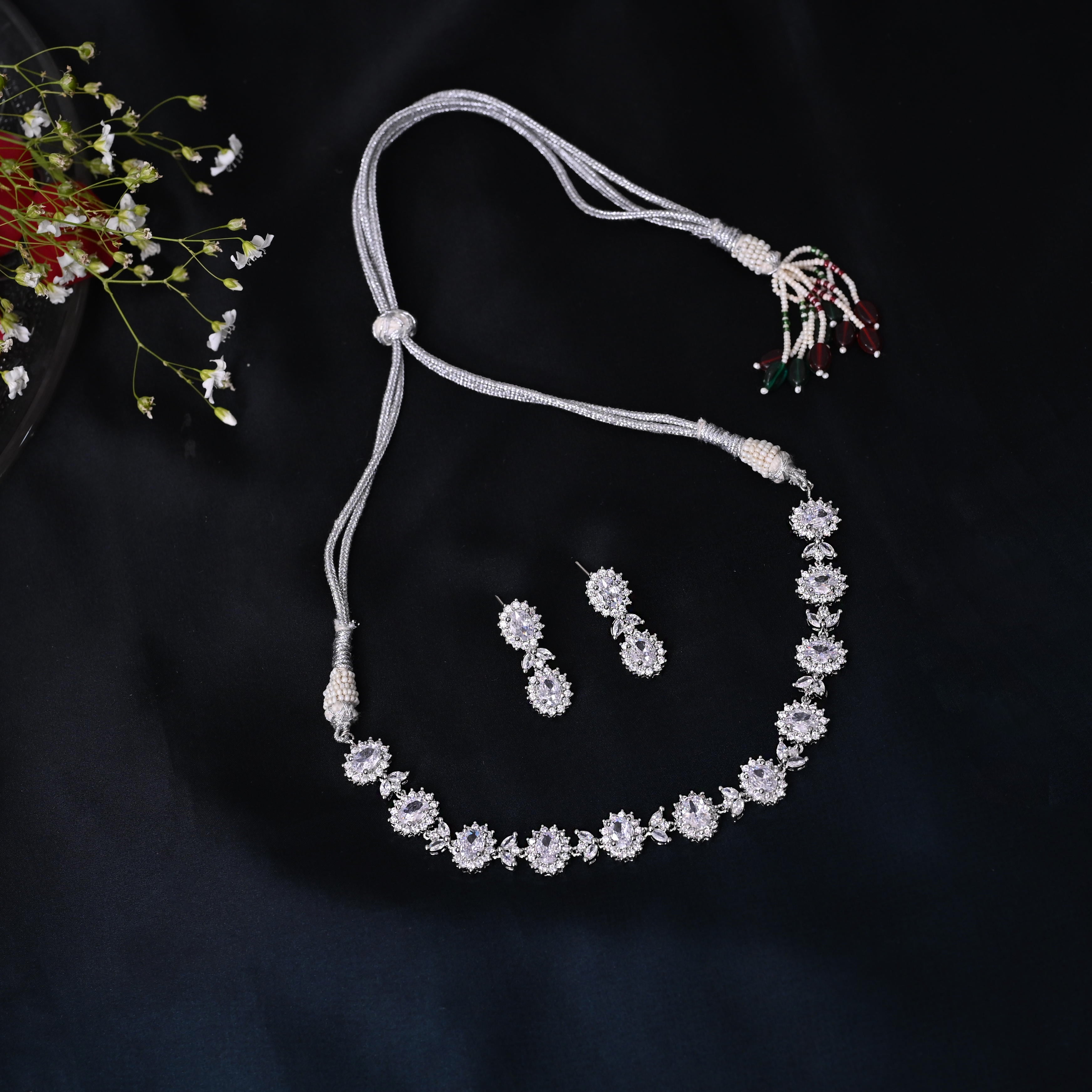 SJN1063- Purple Colour Silver Plated Faux Diamond Choker with Earrings