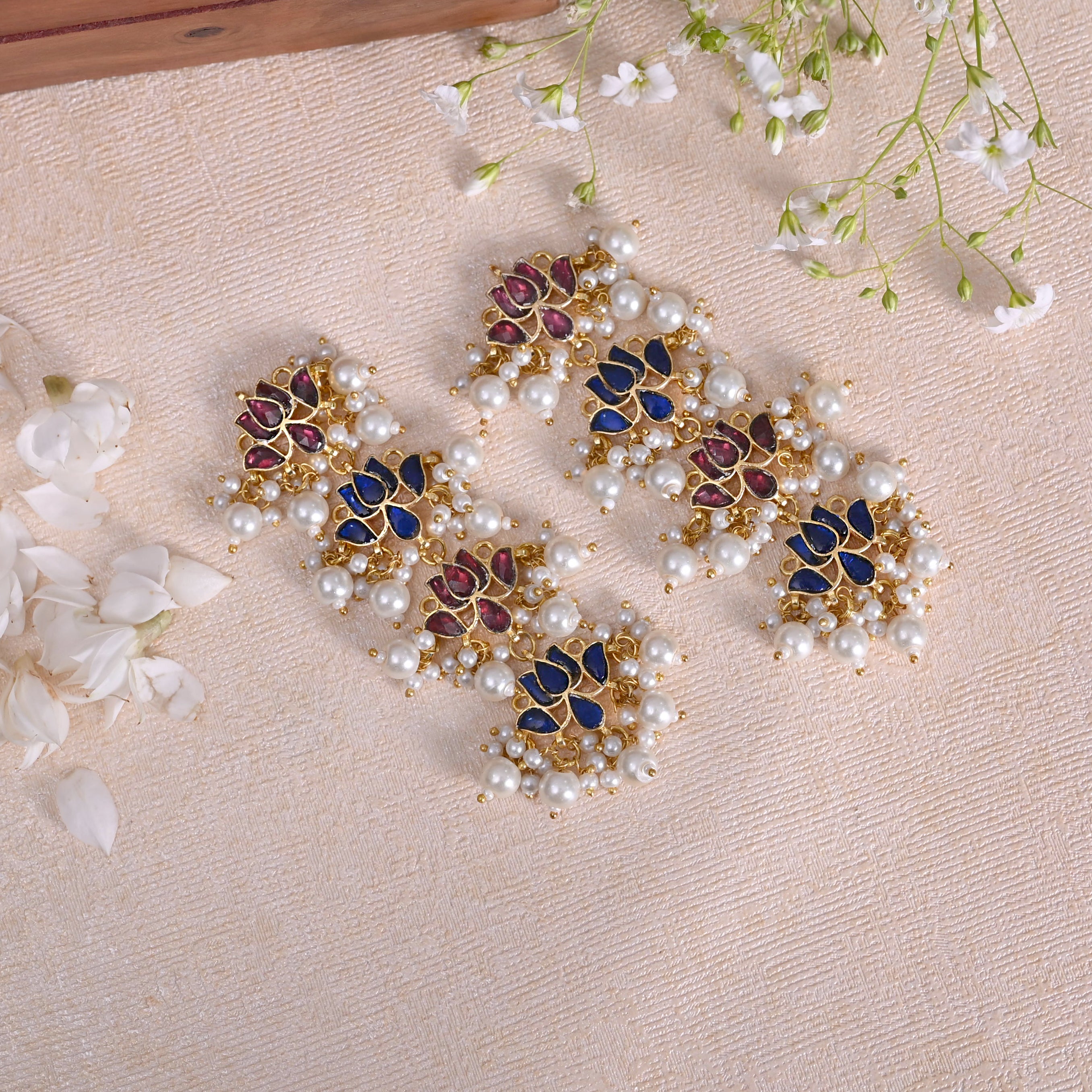 SJE1093- Blue and Red Colour Gold Plated Jadau Kundan Lotus Dangler Earrings