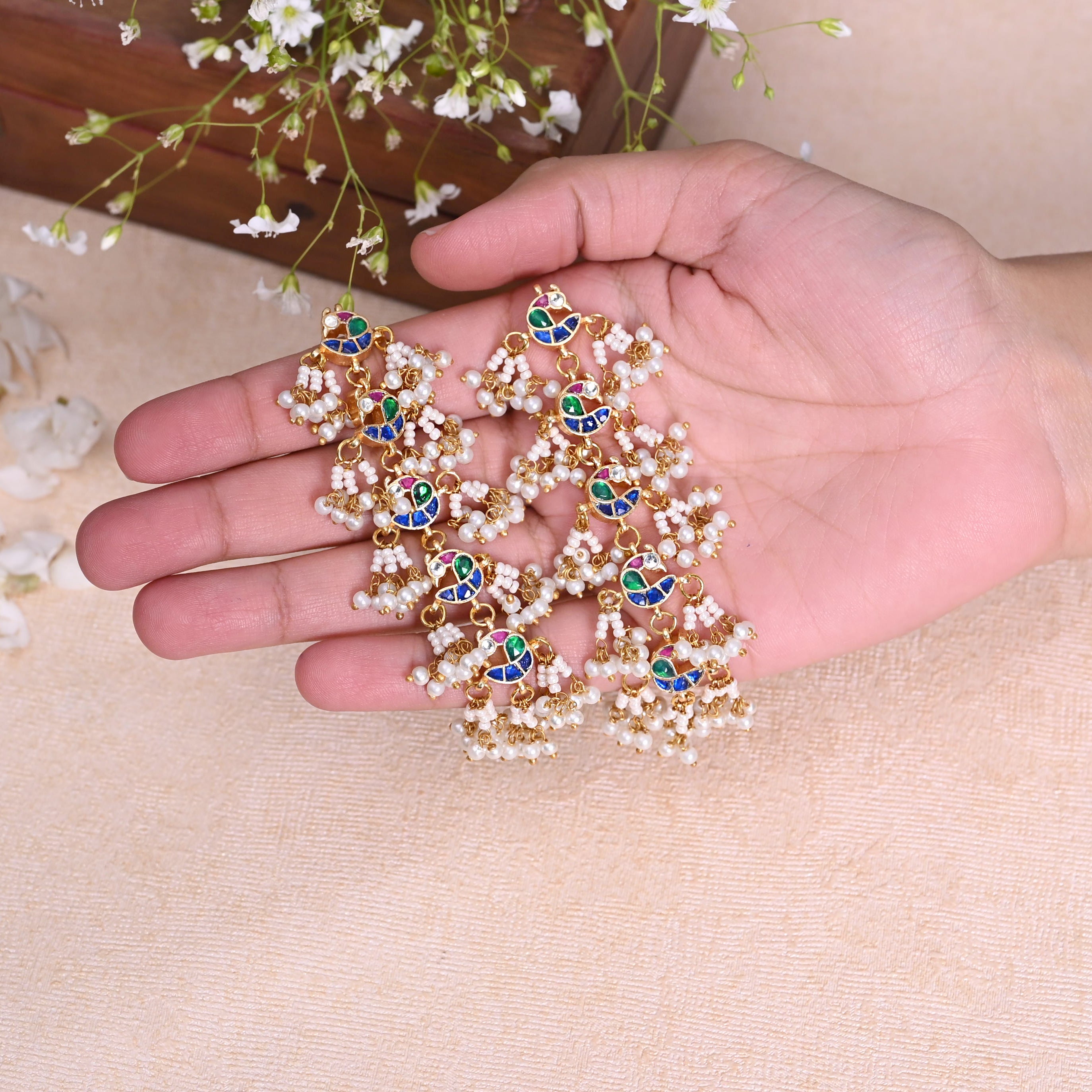 SJE1094- Multi Colour Gold Plated Jadau Kundan Peacock Dangler Earrings