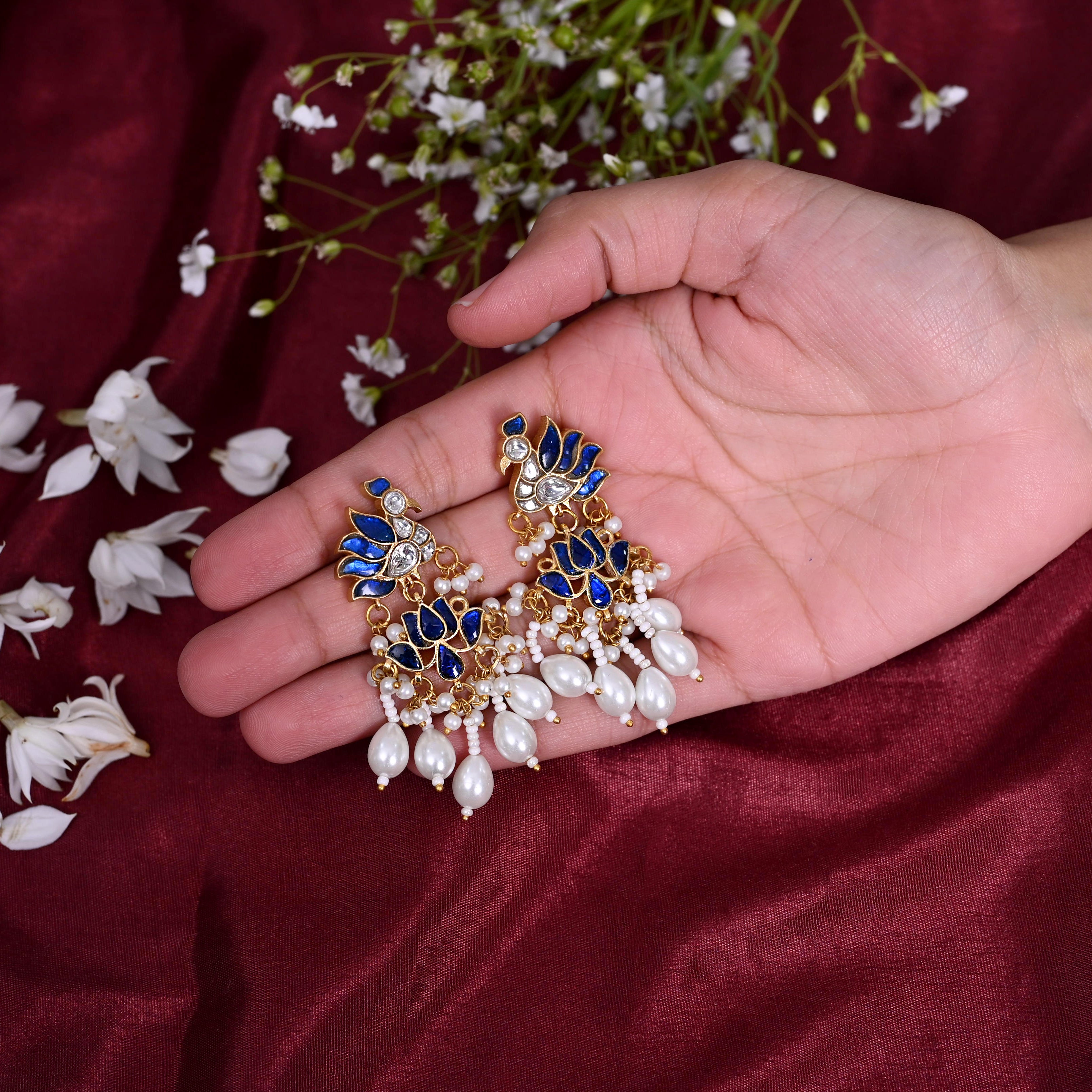 SJE1097- Blue and White Colour Gold Plated Jadau Kundan Dangler Earrings
