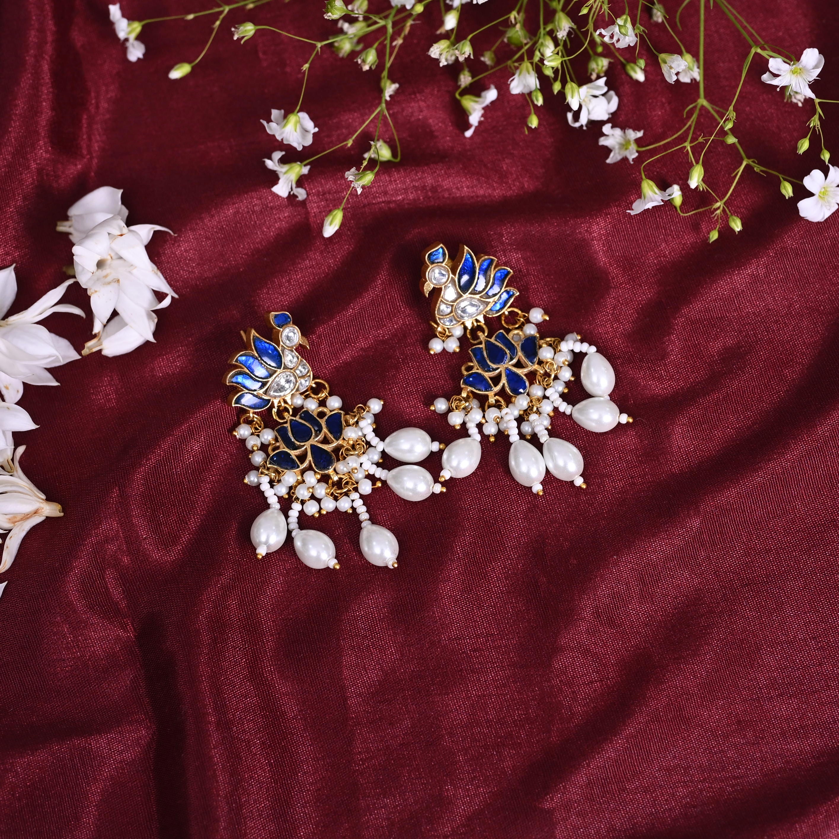 SJE1097- Blue and White Colour Gold Plated Jadau Kundan Dangler Earrings