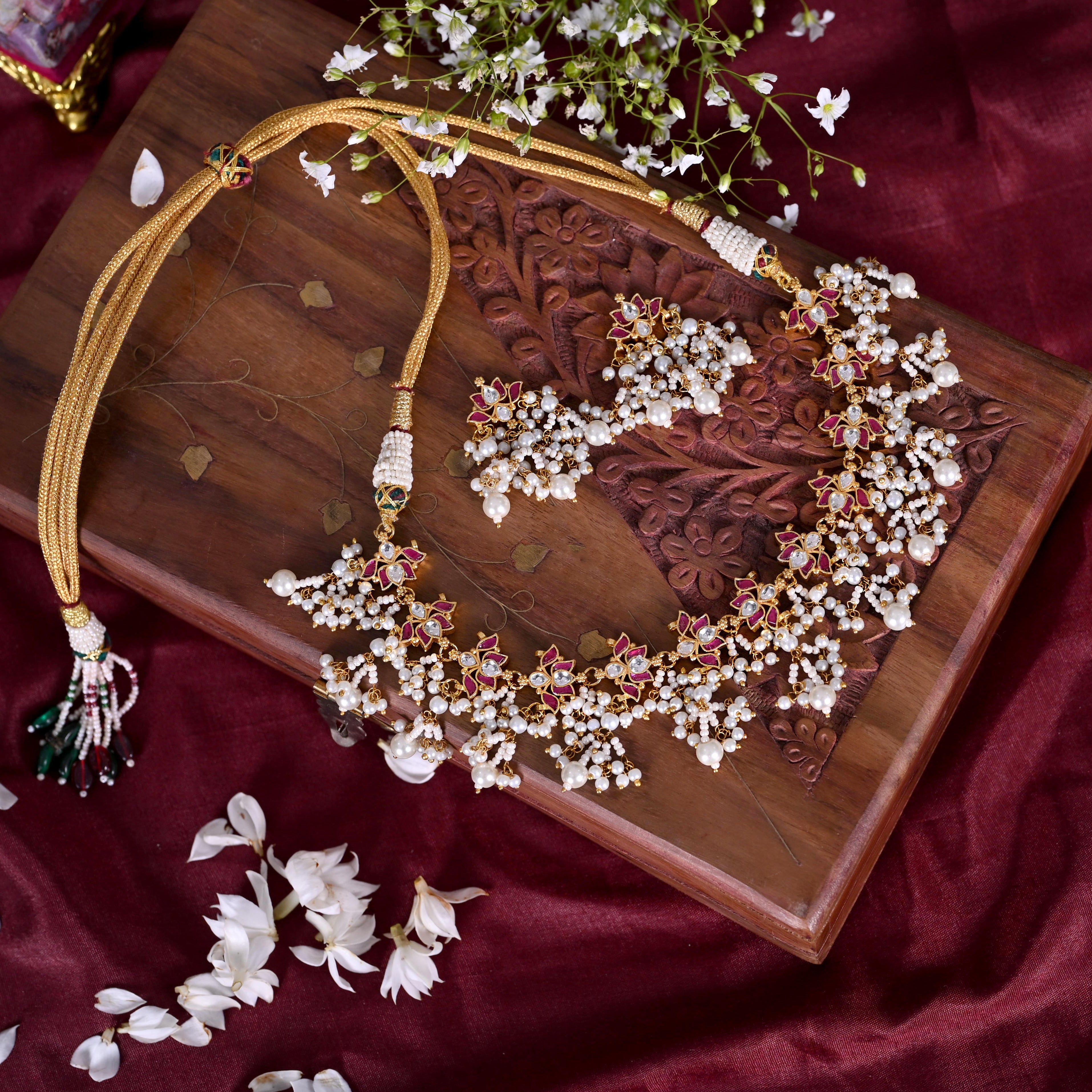 SJN1233- Pink and White Colour Gold Plated Jadau Kundan Lotus Choker with Earrings