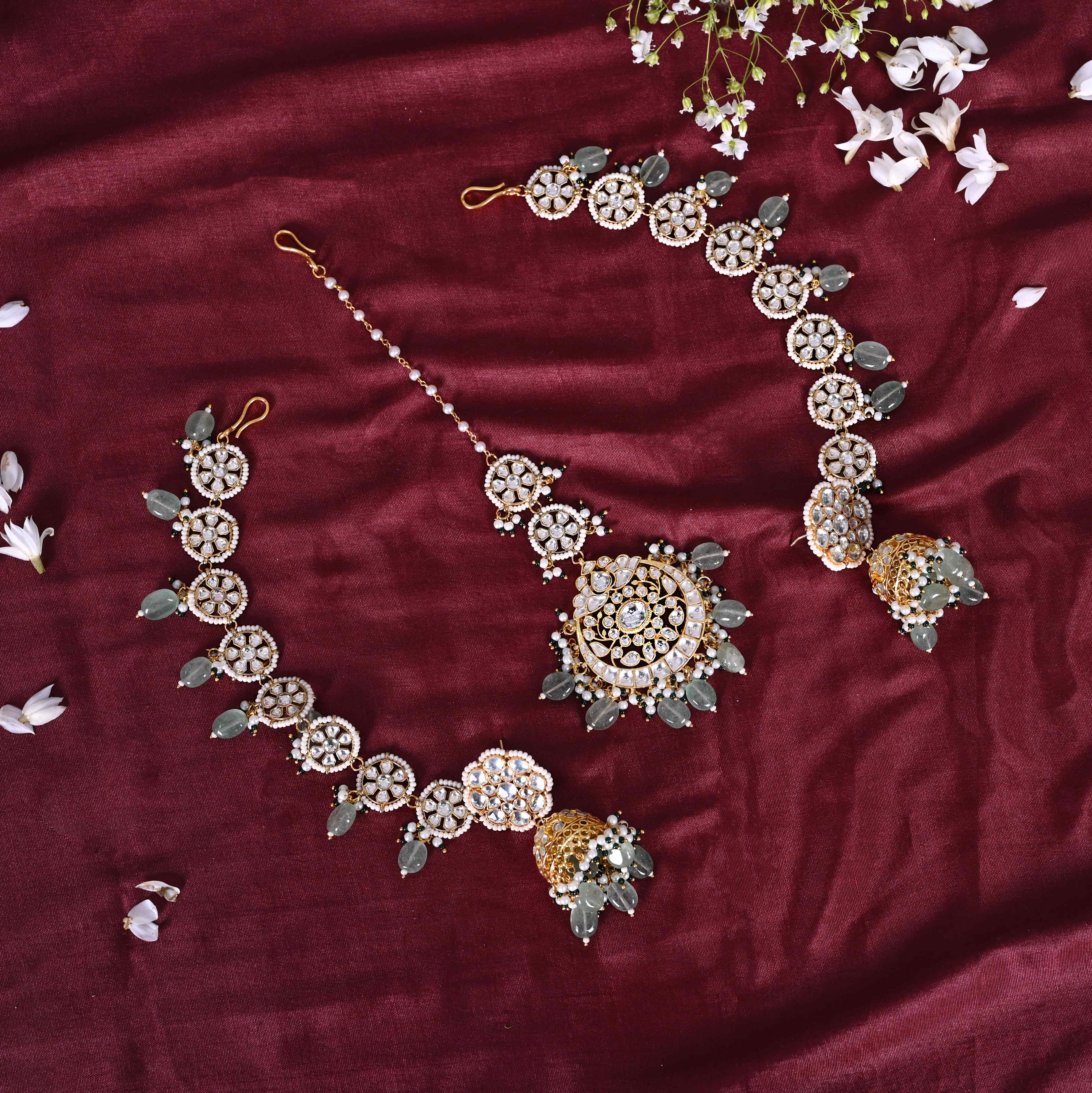 SJE1100- White and Mint Colour Gold Plated Jadau Kundan Jhumki with Tika
