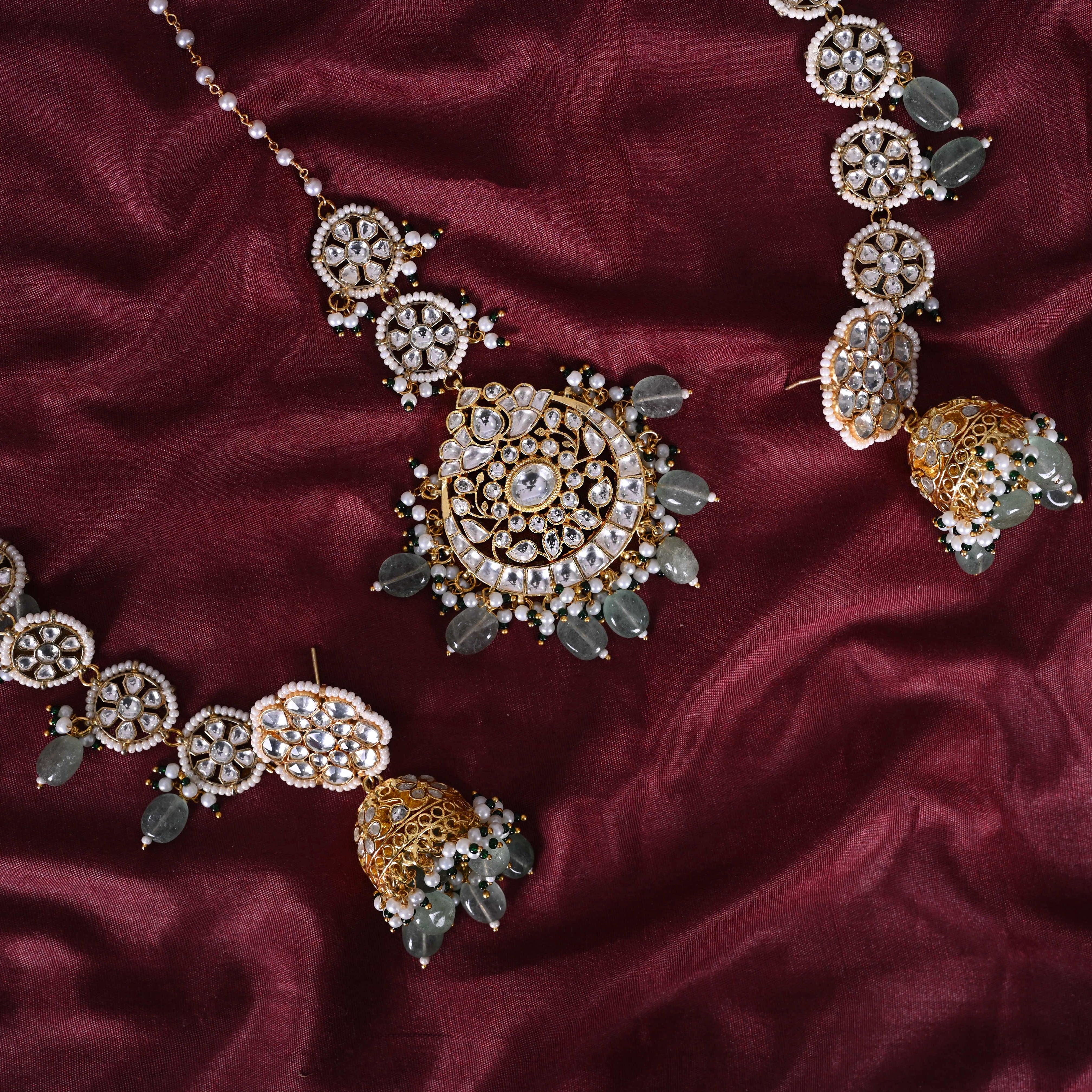 SJE1100- White and Mint Colour Gold Plated Jadau Kundan Jhumki with Tika