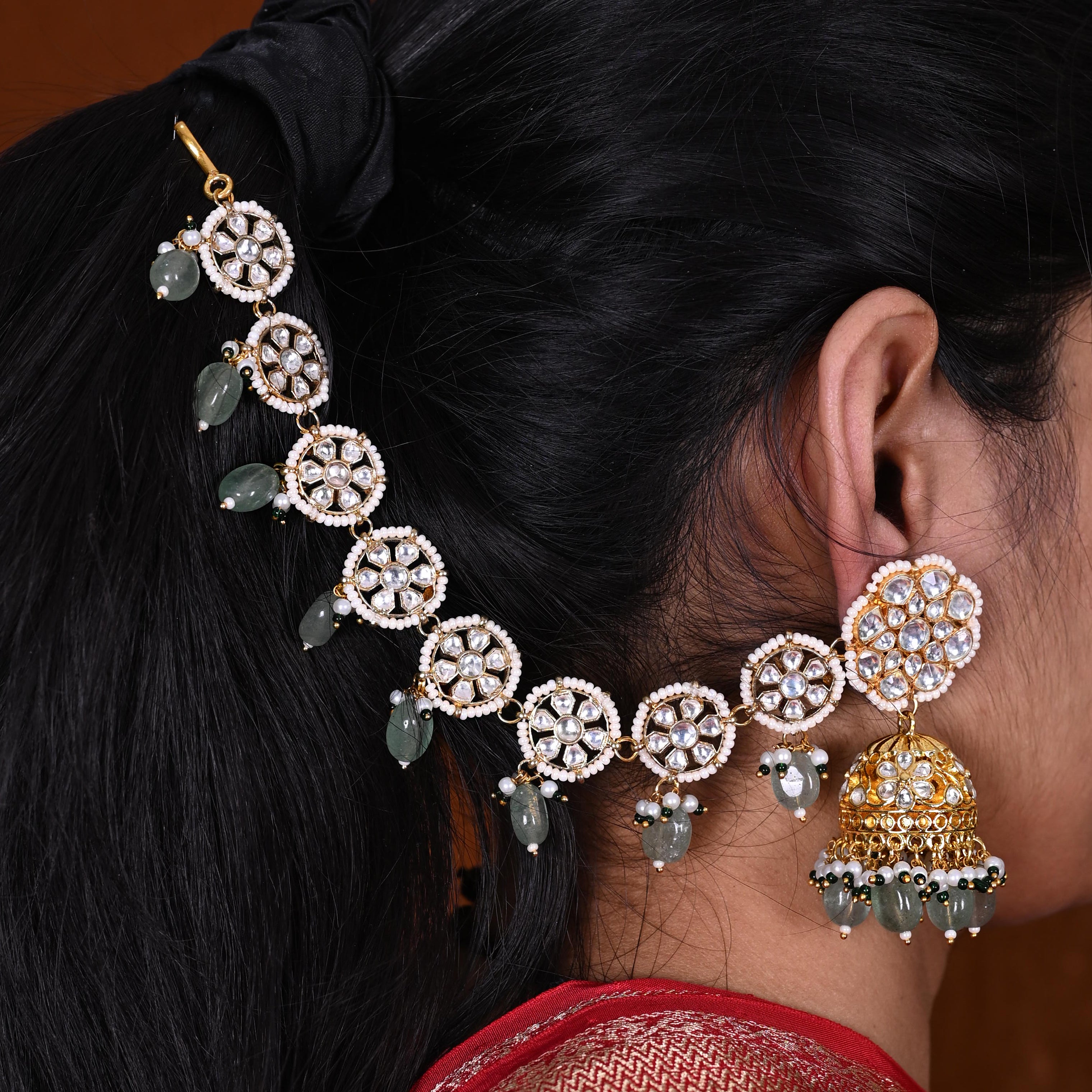SJE1100- White and Mint Colour Gold Plated Jadau Kundan Jhumki with Tika