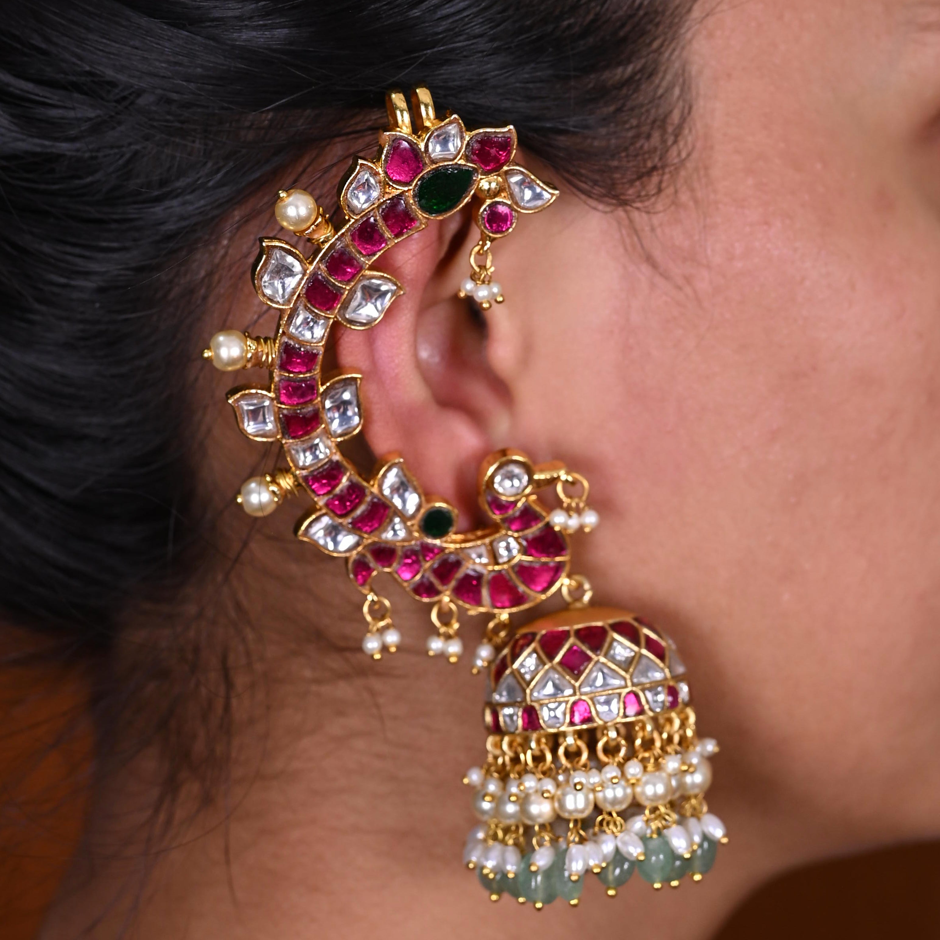 SJE1101- Multi Colour Gold Plated Jadau Kundan Temple Ear Cuffs