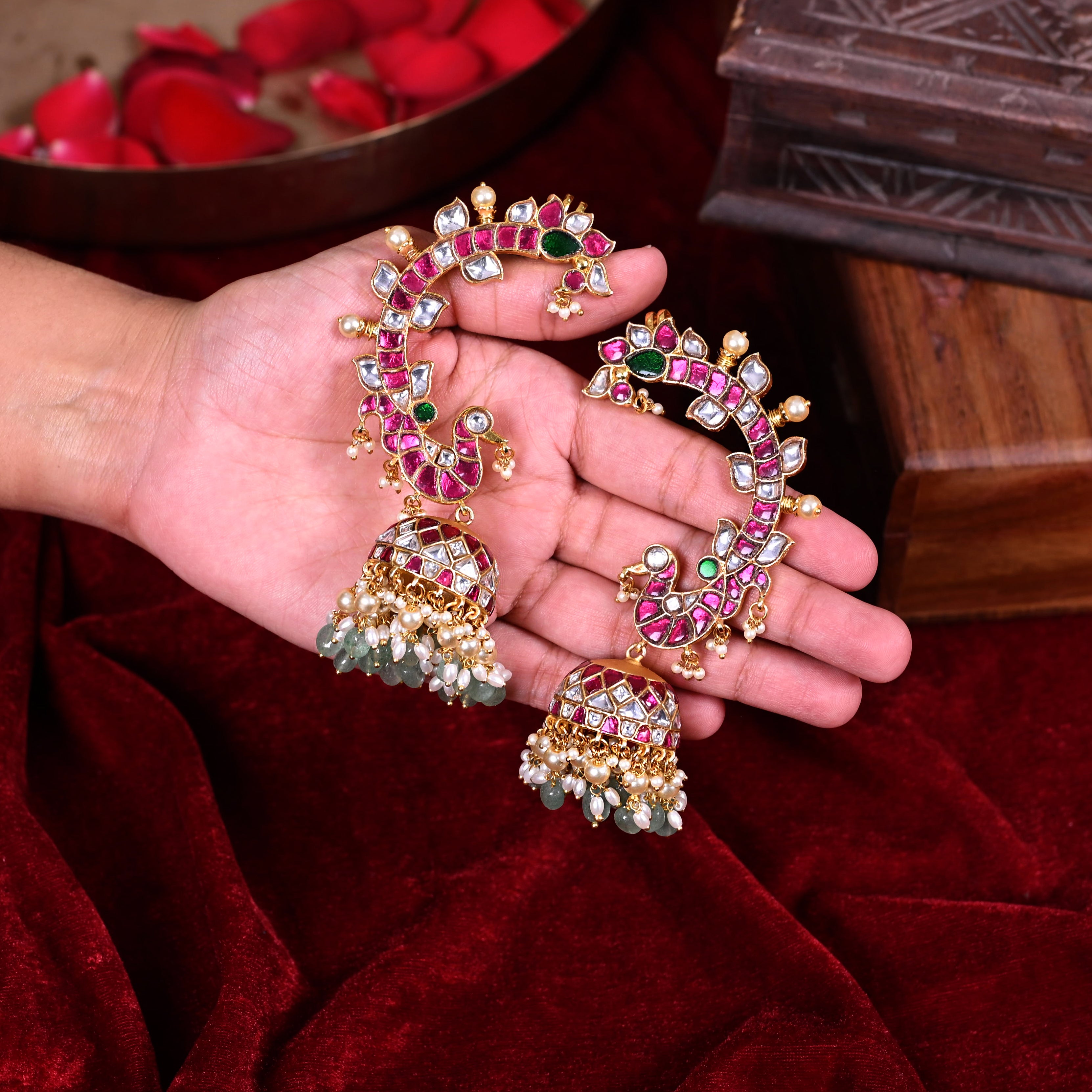 SJE1101- Multi Colour Gold Plated Jadau Kundan Temple Ear Cuffs