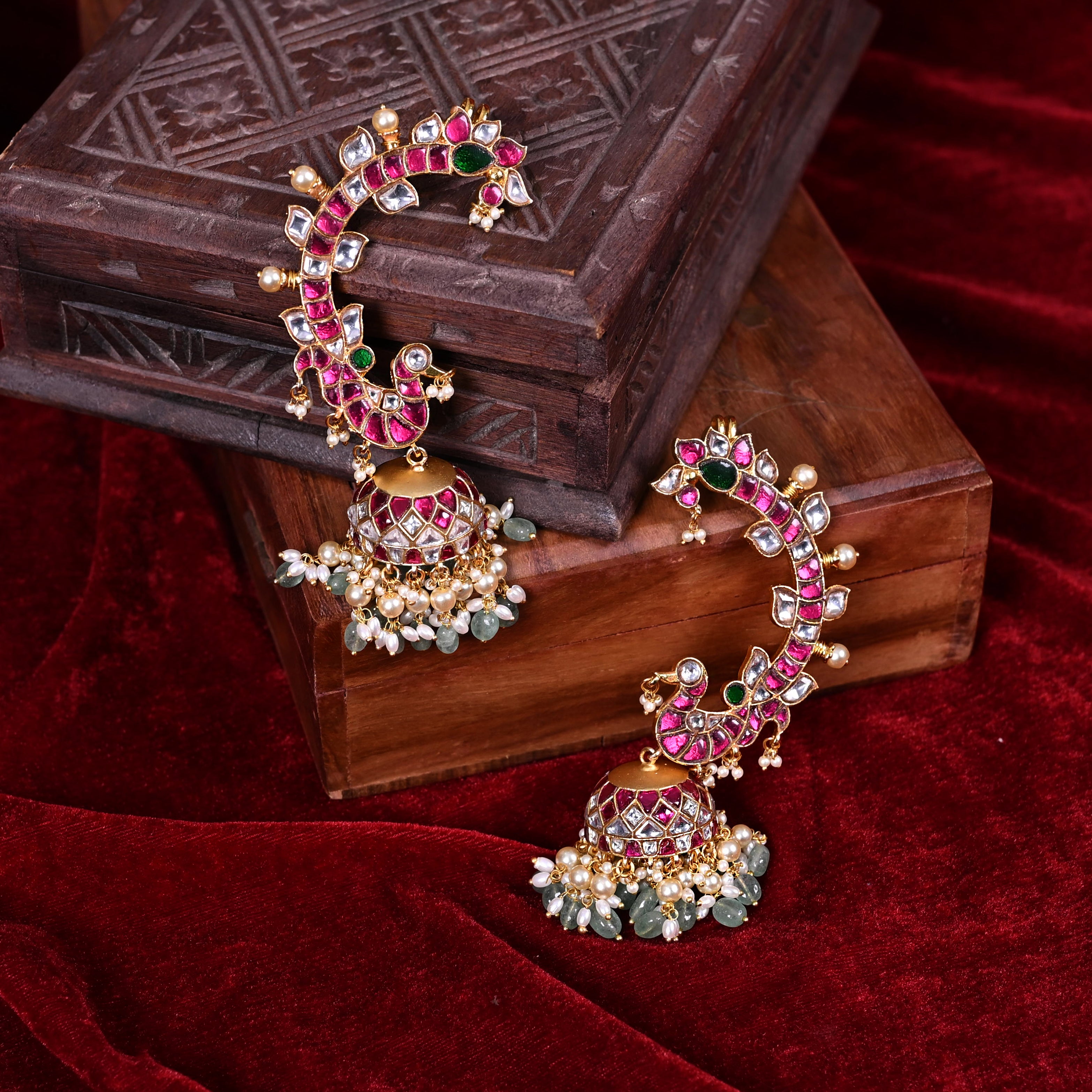 SJE1101- Multi Colour Gold Plated Jadau Kundan Temple Ear Cuffs