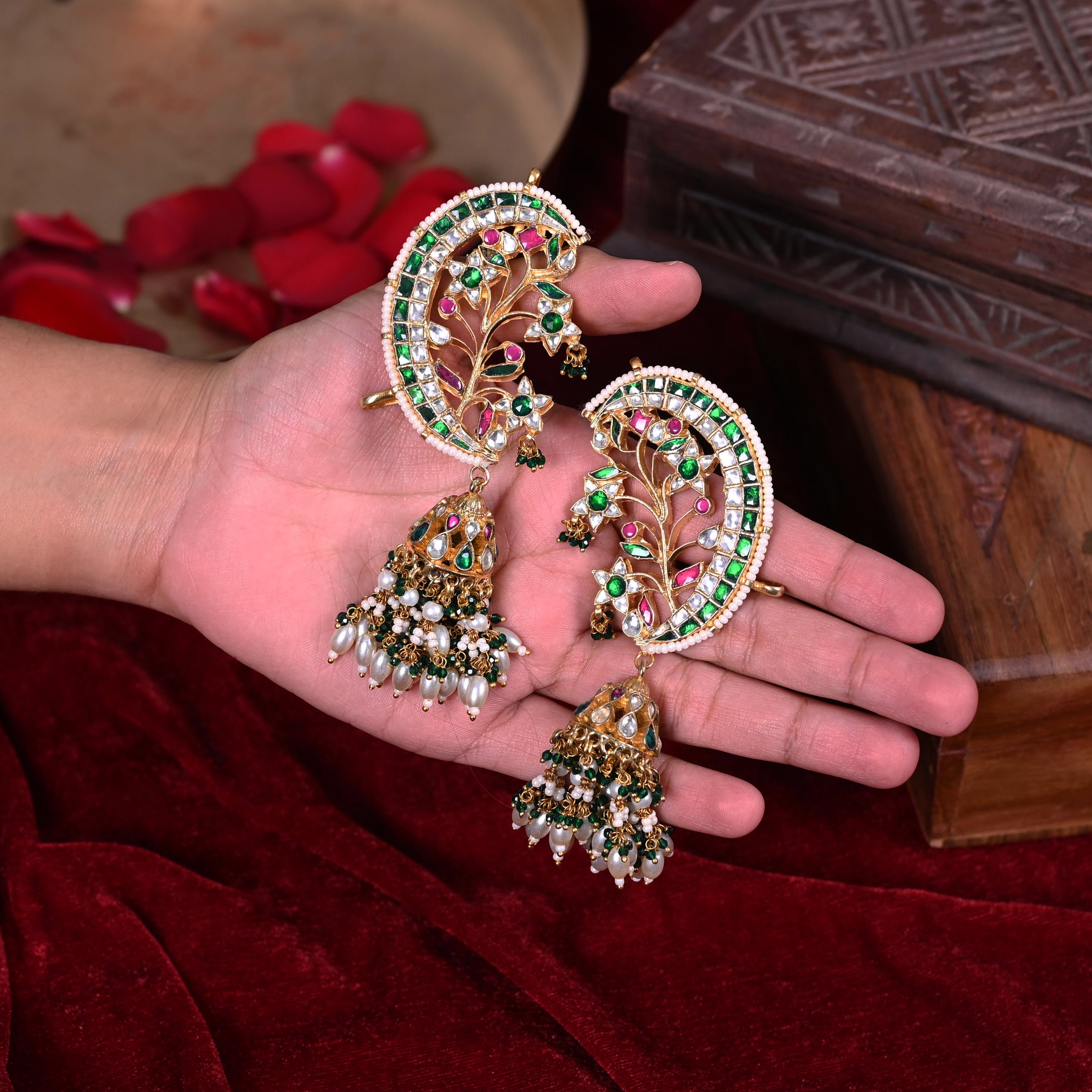SJE1102- Multi Colour Gold Plated Jadau Kundan Ear Cuffs