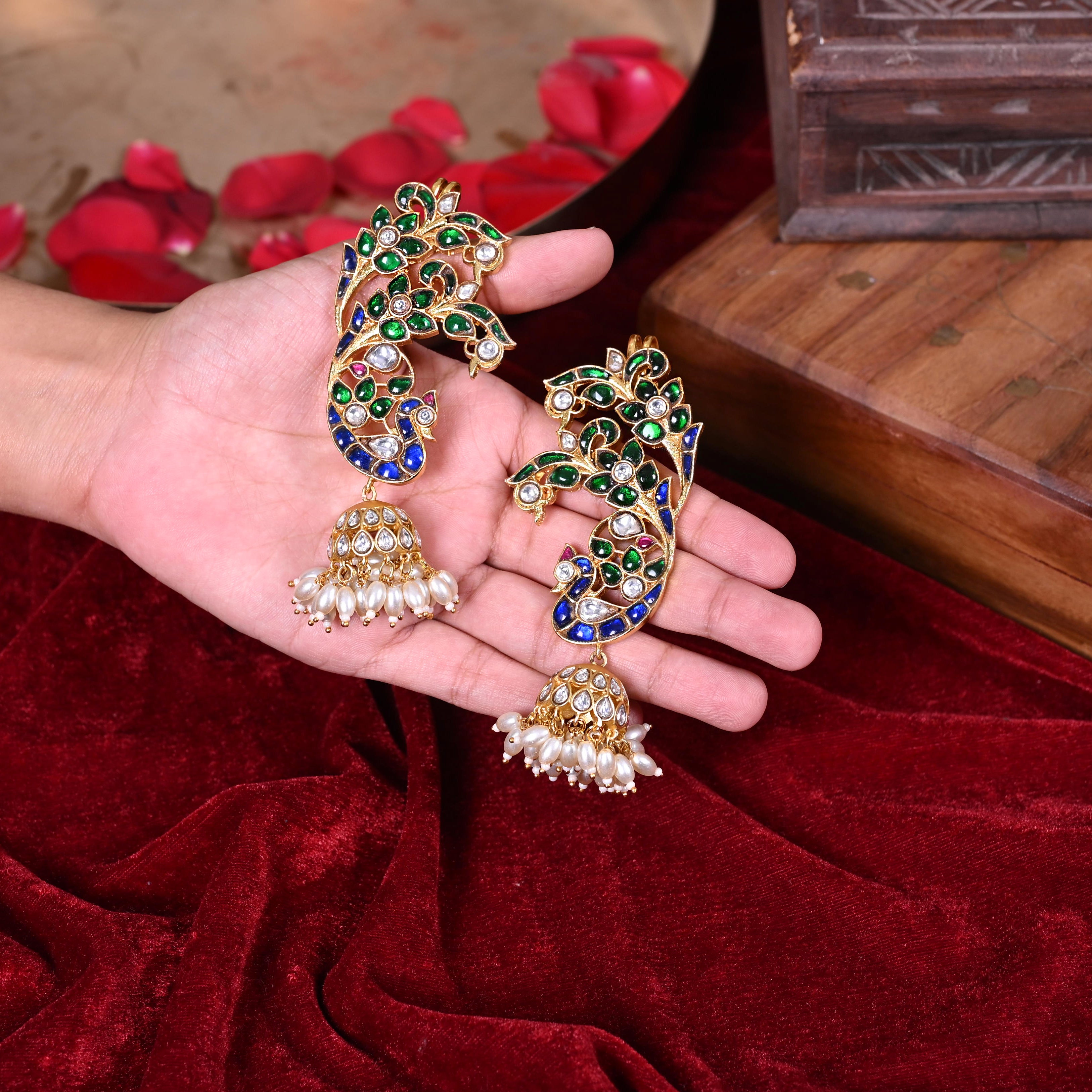 SJE1103- Multi Colour Gold Plated Jadau Kundan Temple Ear Cuffs