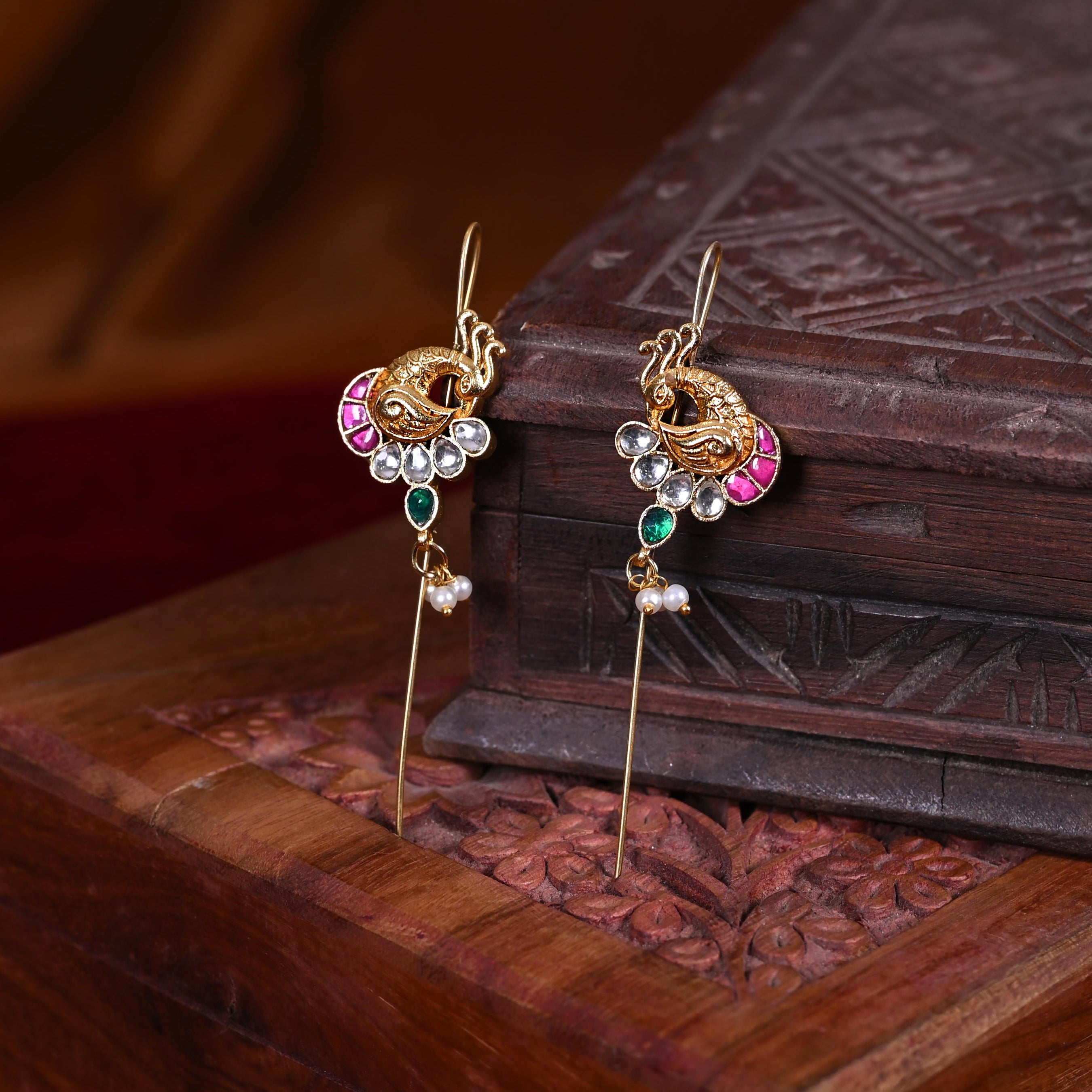 SJE1109- White Colour Gold Plated Jadau Kundan Peacock Ear Cuffs