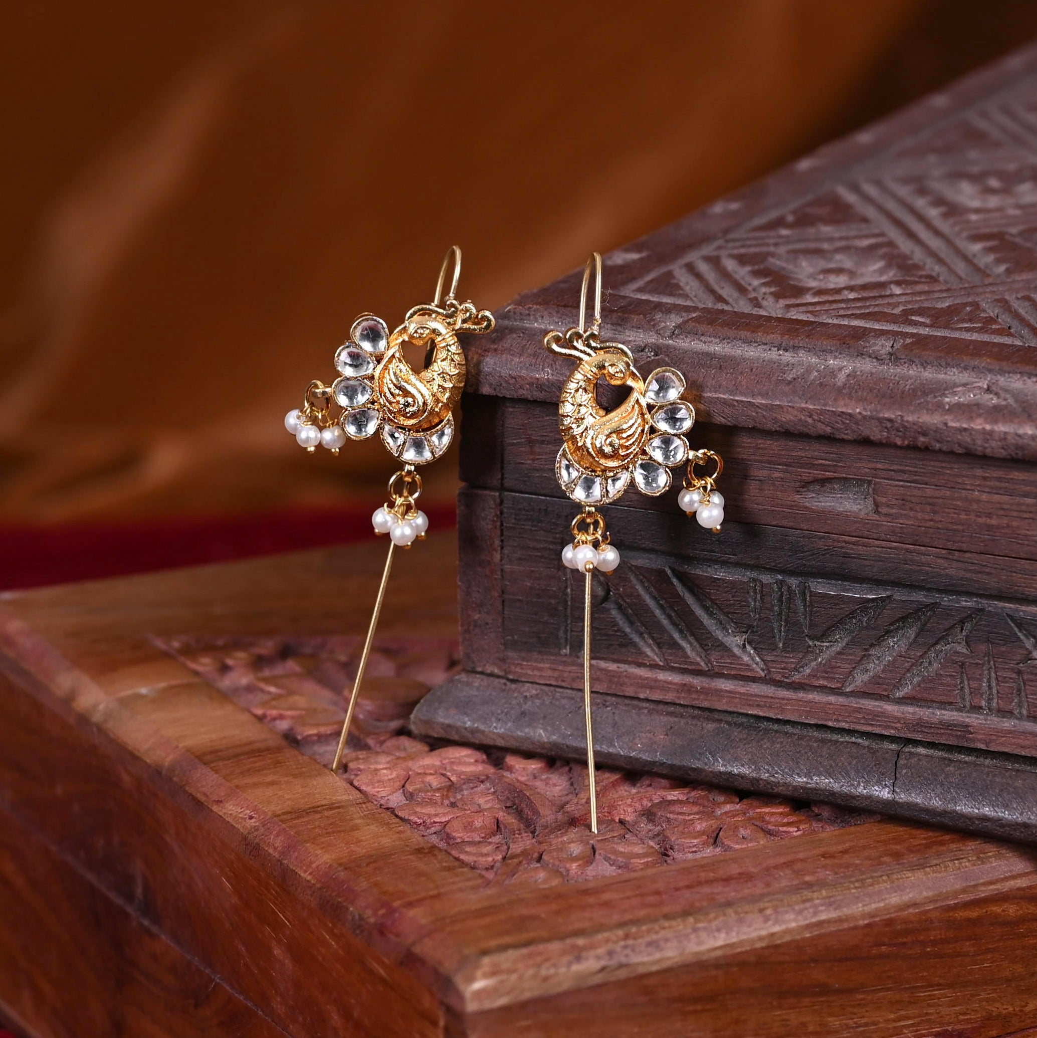 SJE1109- White Colour Gold Plated Jadau Kundan Peacock Ear Cuffs