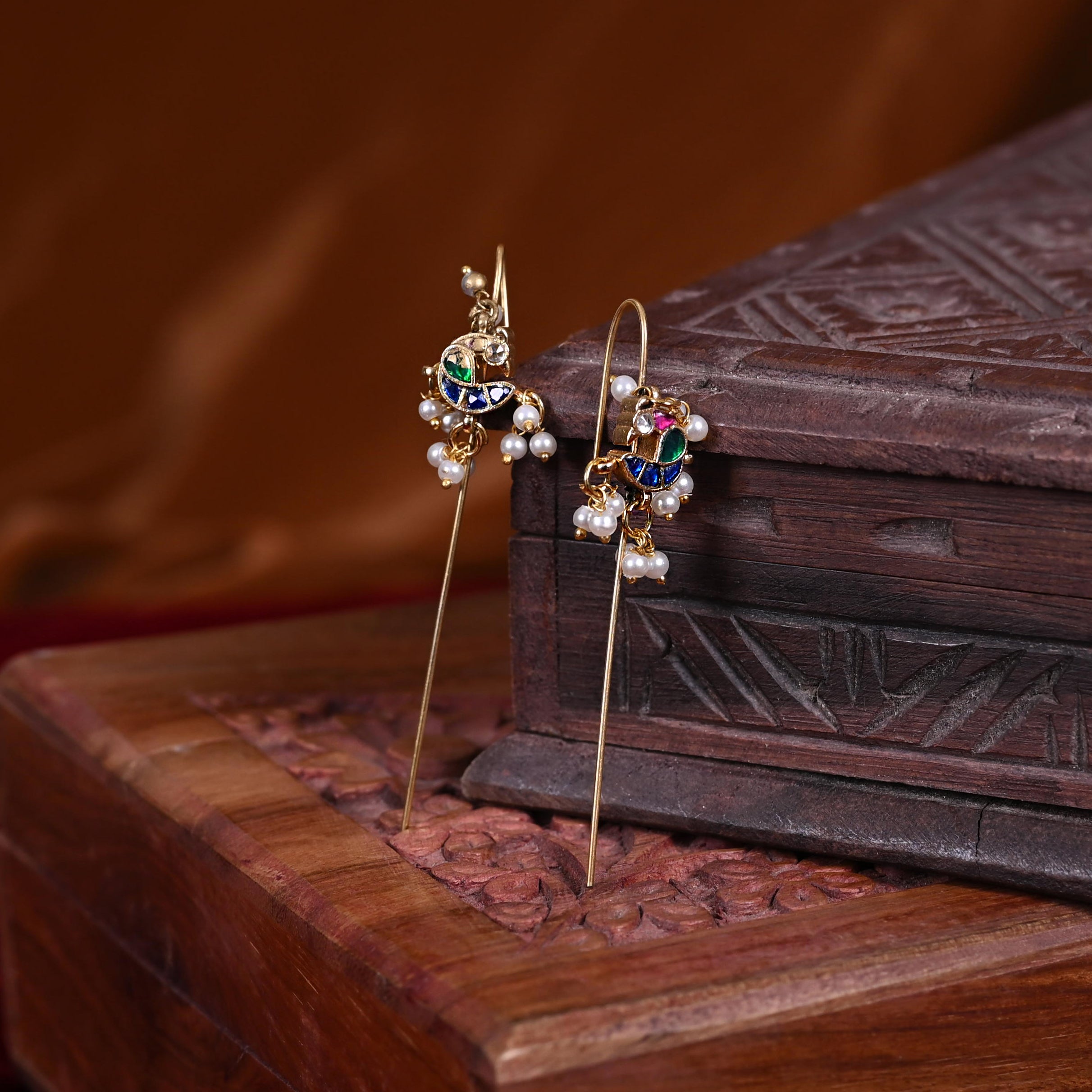 SJE1110- Multi Colour Gold Plated Jadau Kundan Peacock Ear Cuffs