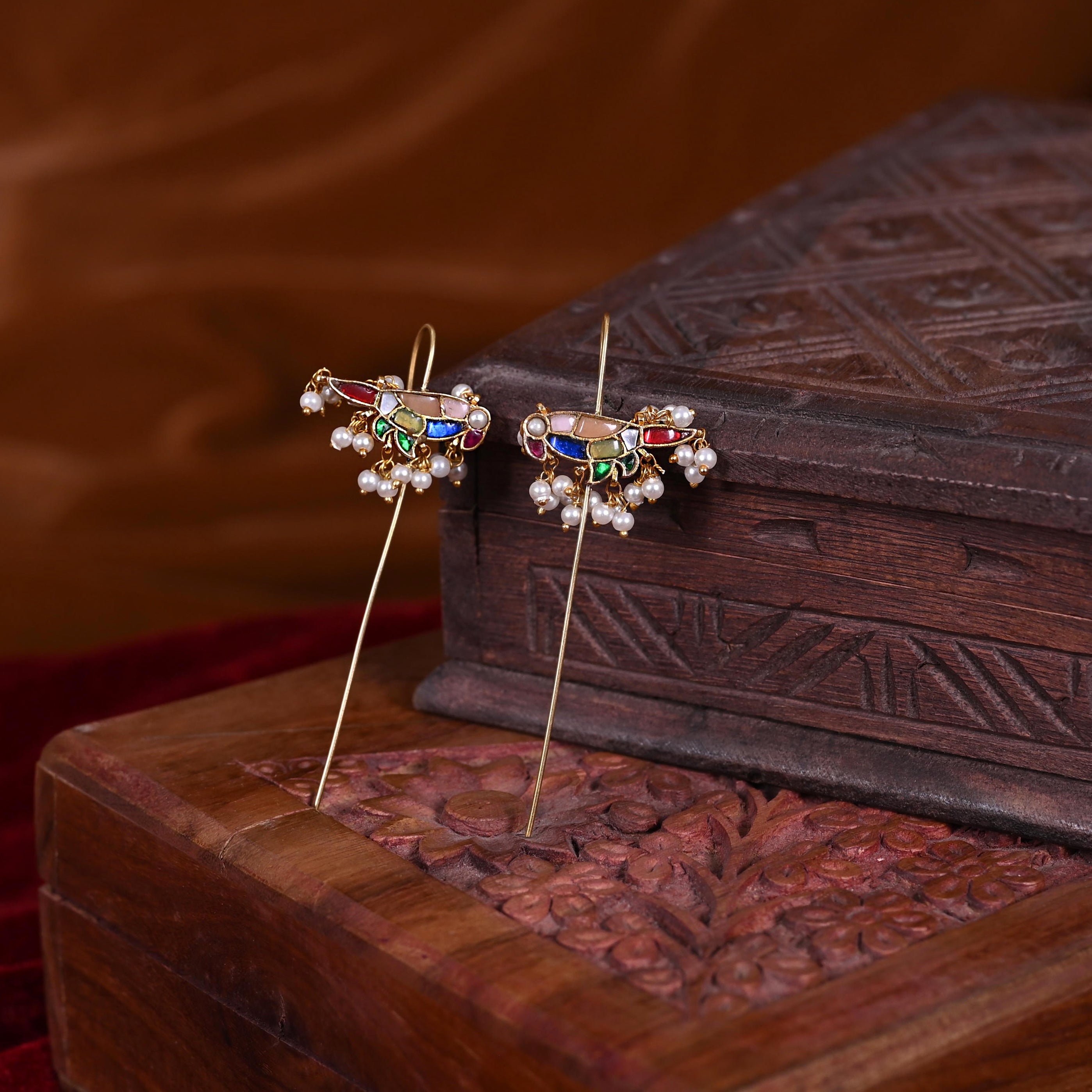 SJE1112- Multi Colour Gold Plated Jadau Kundan Parrot Ear Cuffs
